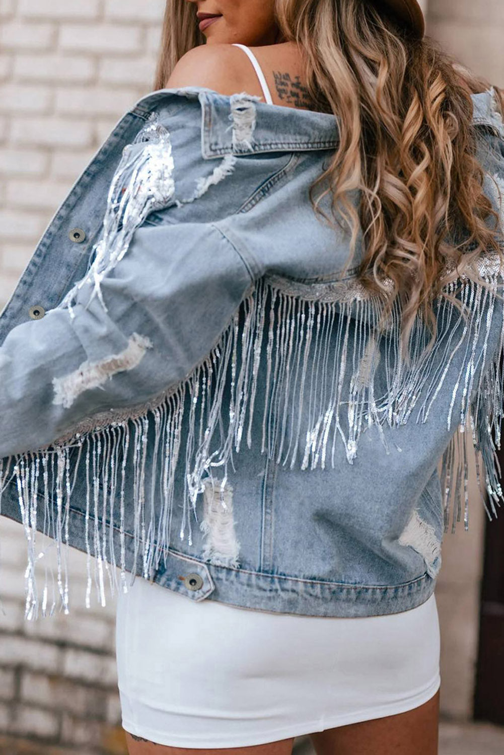 Sequin Fringe Trim Distressed Button Up Denim Jacket-TOPS / DRESSES-[Adult]-[Female]-2022 Online Blue Zone Planet