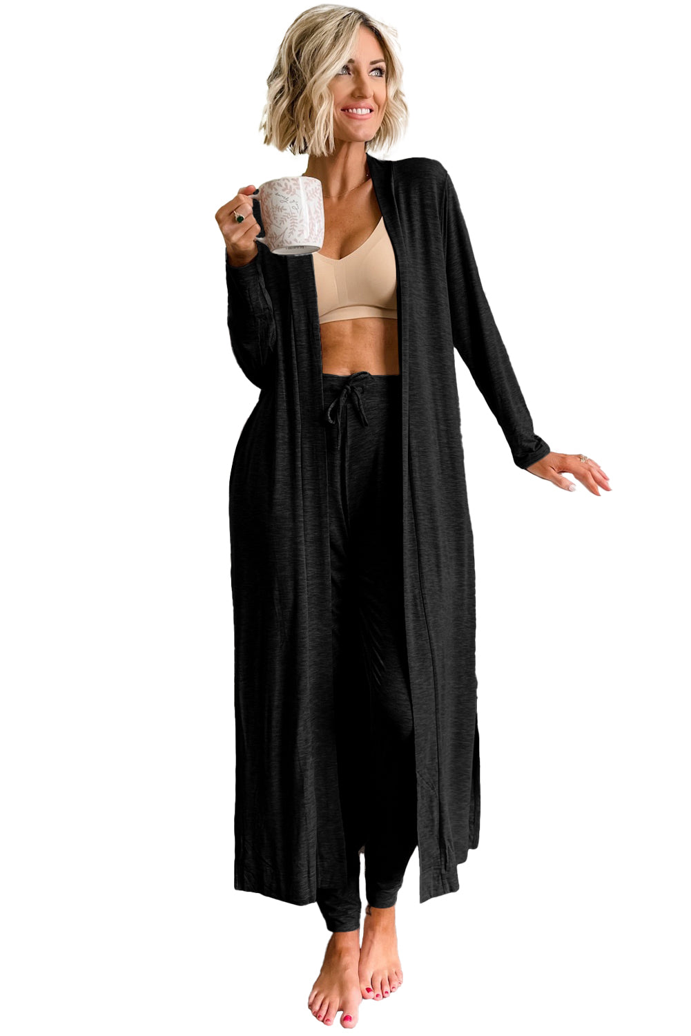 Black Split Long Cardigan and Skinny Pants Lounge Set-Loungewear & Sleepwear/Loungewear-[Adult]-[Female]-2022 Online Blue Zone Planet