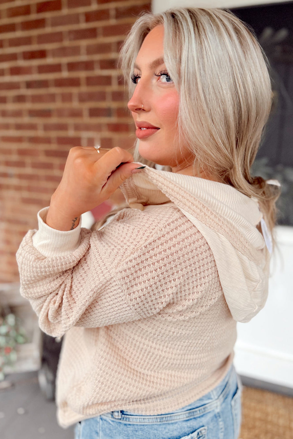 Oatmeal Waffle Patchwork Drop Shoulder Hooded Long Sleeve Top-Tops / Dresses-[Adult]-[Female]-2022 Online Blue Zone Planet