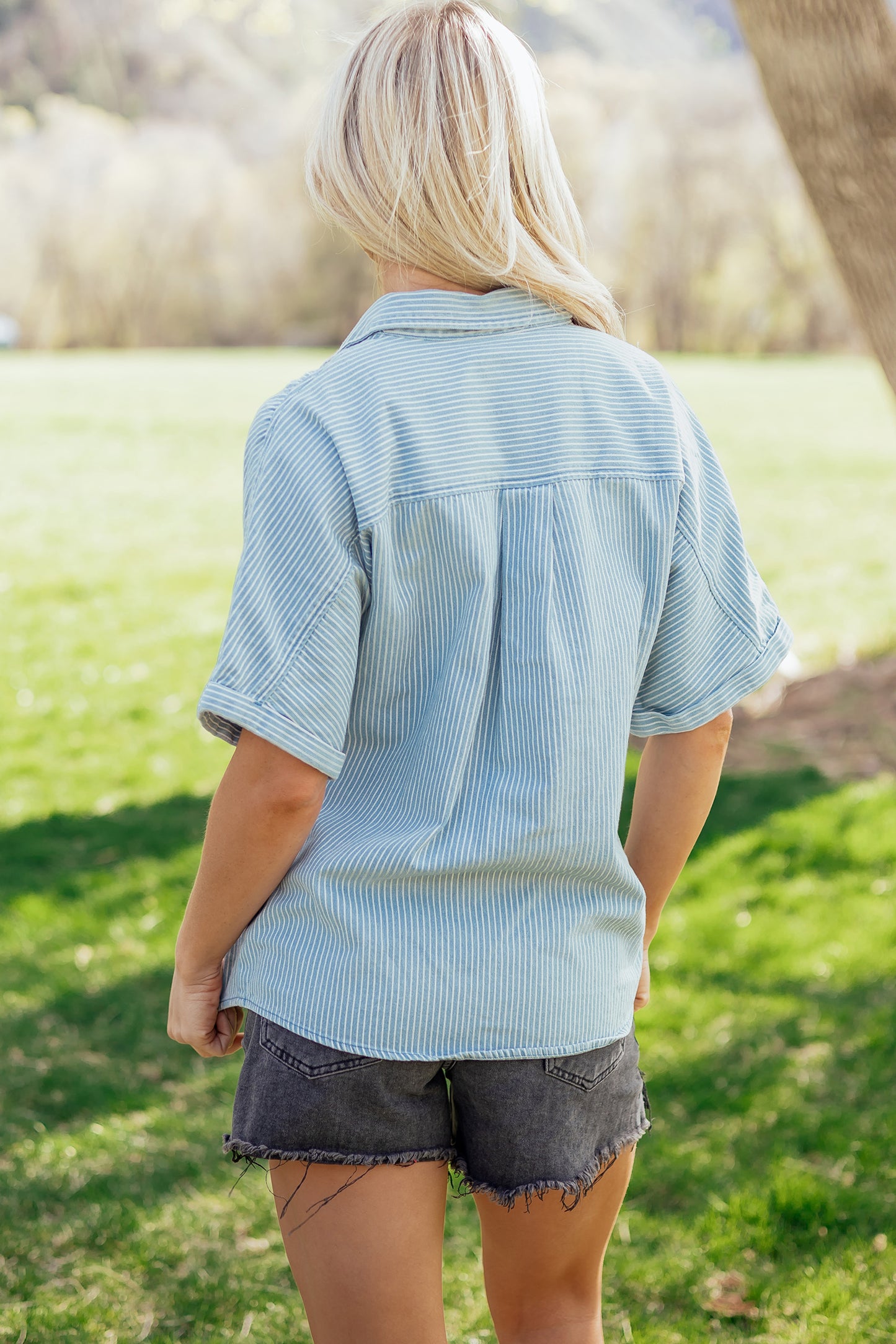 Sky Blue Stripe Cuffed Short Sleeve Button up Loose Shirt-Tops/Blouses & Shirts-[Adult]-[Female]-2022 Online Blue Zone Planet