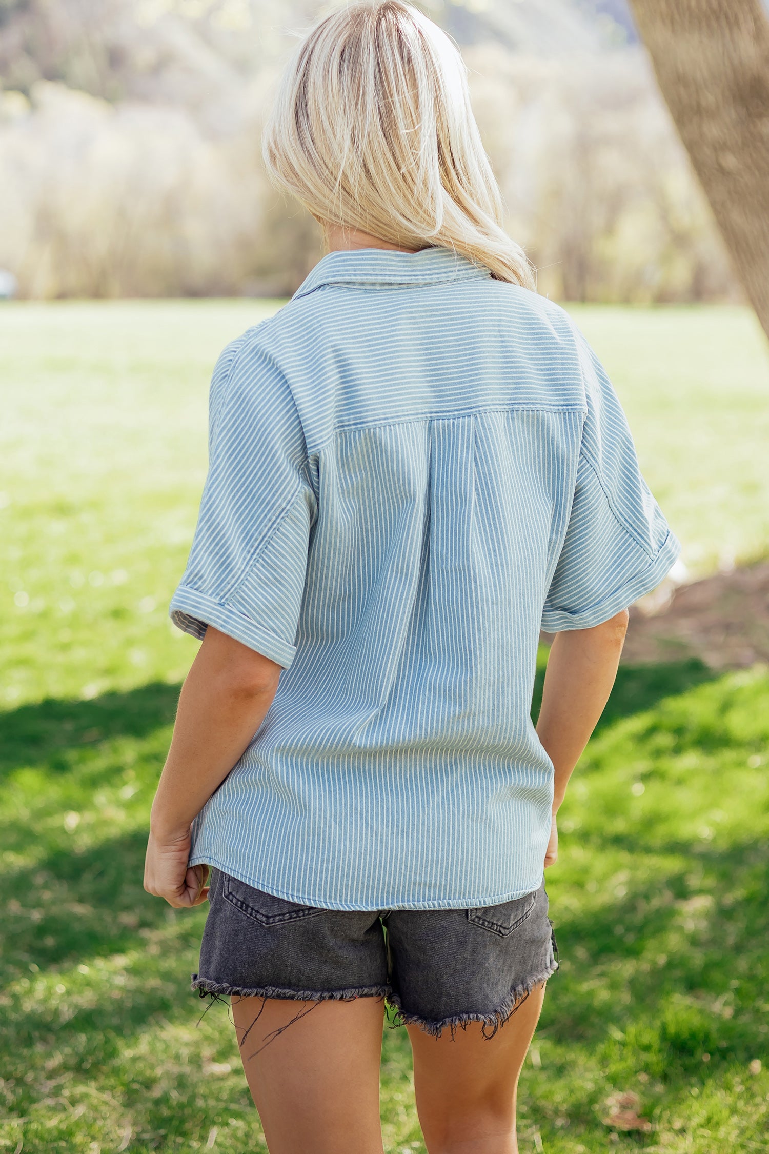 Sky Blue Stripe Cuffed Short Sleeve Button up Loose Shirt-Tops/Blouses & Shirts-[Adult]-[Female]-2022 Online Blue Zone Planet