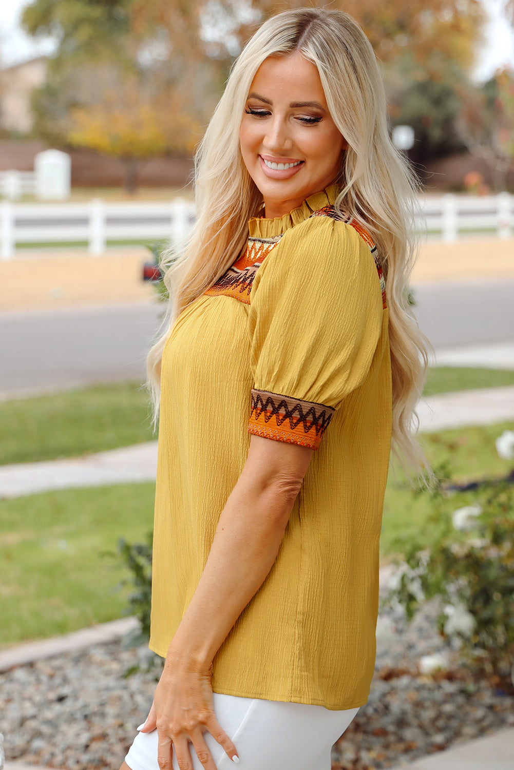 Mustard Geometric Short Puff Sleeve Frilled Collar Blouse-Tops/Blouses & Shirts-[Adult]-[Female]-2022 Online Blue Zone Planet