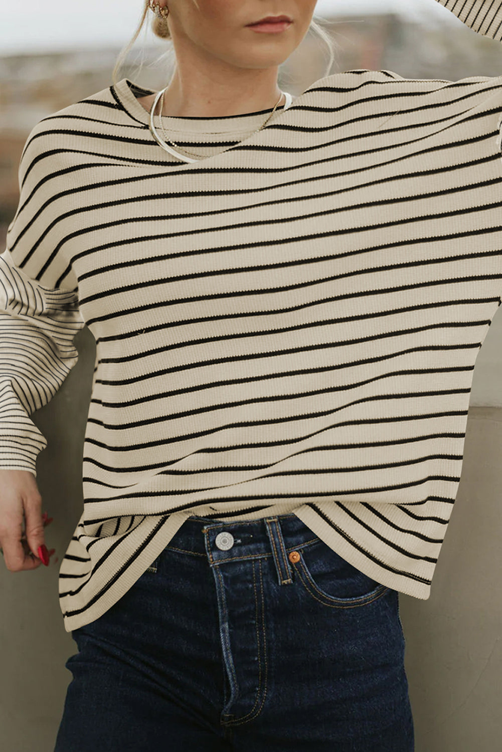 Black Striped Patchwork Loose Long Sleeve Tee-Tops/Long Sleeve Tops-[Adult]-[Female]-Black-S-2022 Online Blue Zone Planet