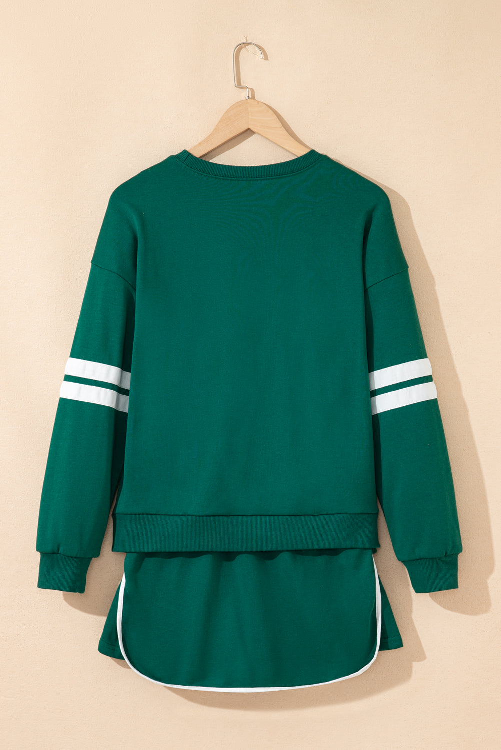 Evergreen Varsity Stripe Detail Drop Shoulder Pullover Mini Skirt Set-Two Piece Sets/Two Piece Dresses-[Adult]-[Female]-2022 Online Blue Zone Planet