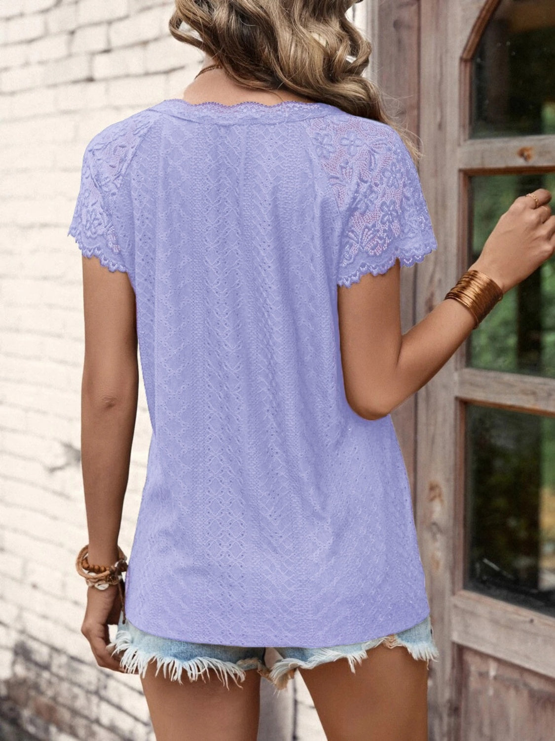 Lace Detail V-Neck Short Sleeve T-Shirt-TOPS / DRESSES-[Adult]-[Female]-2022 Online Blue Zone Planet