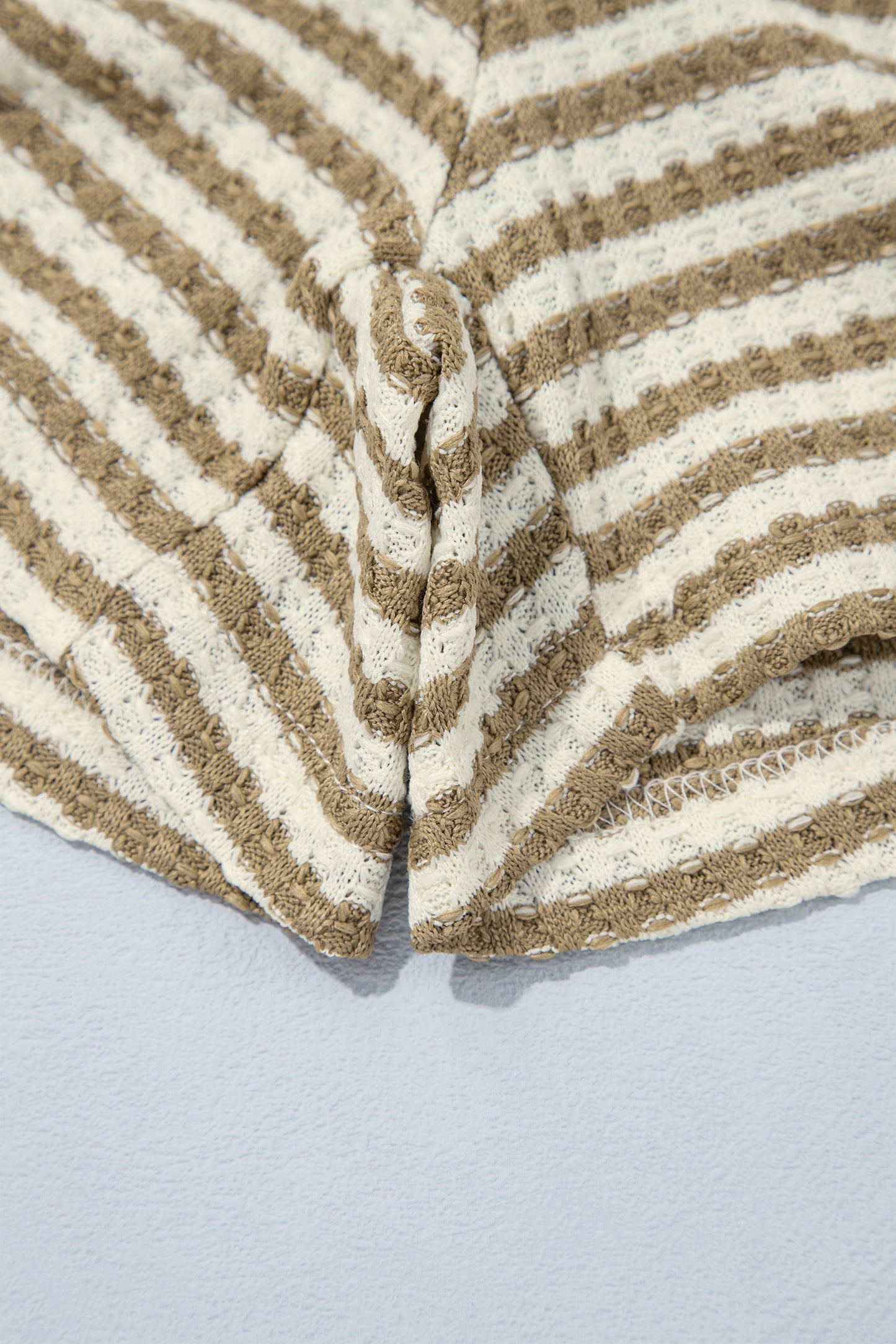 Brown Stripe Textured Knit Long Sleeve Top Elastic Waist Shorts Casual Outfit-Two Piece Sets/Short Sets-[Adult]-[Female]-2022 Online Blue Zone Planet