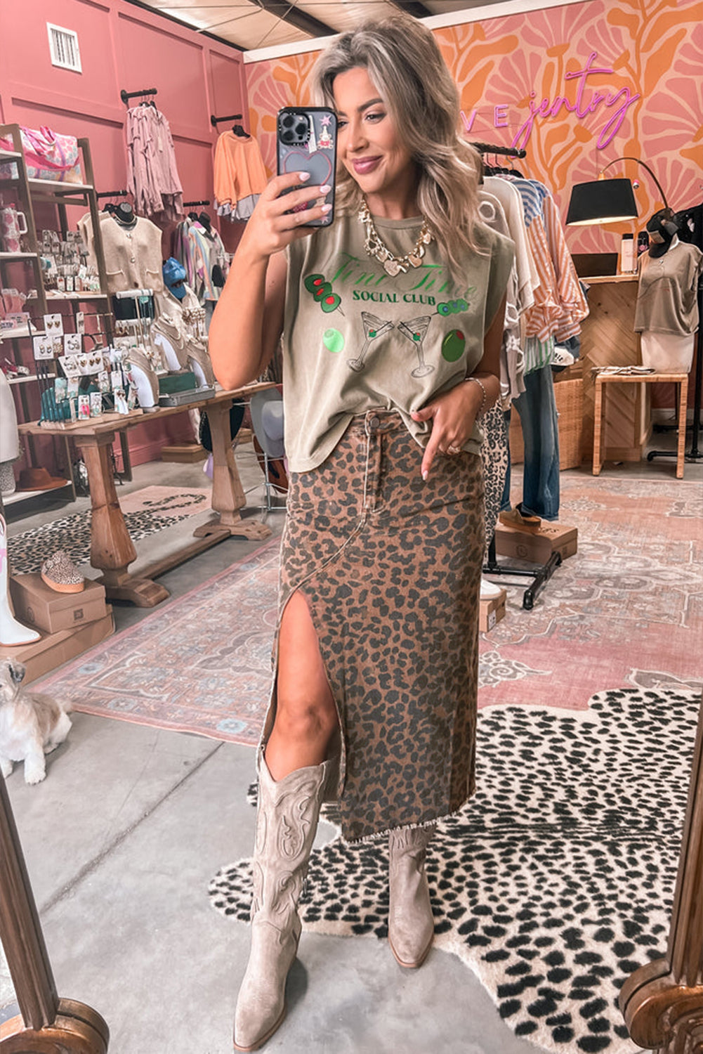 Brown Leopard Denim Frayed Split Denim Midi Skirt-Bottoms/Skirts & Petticoat-[Adult]-[Female]-2022 Online Blue Zone Planet