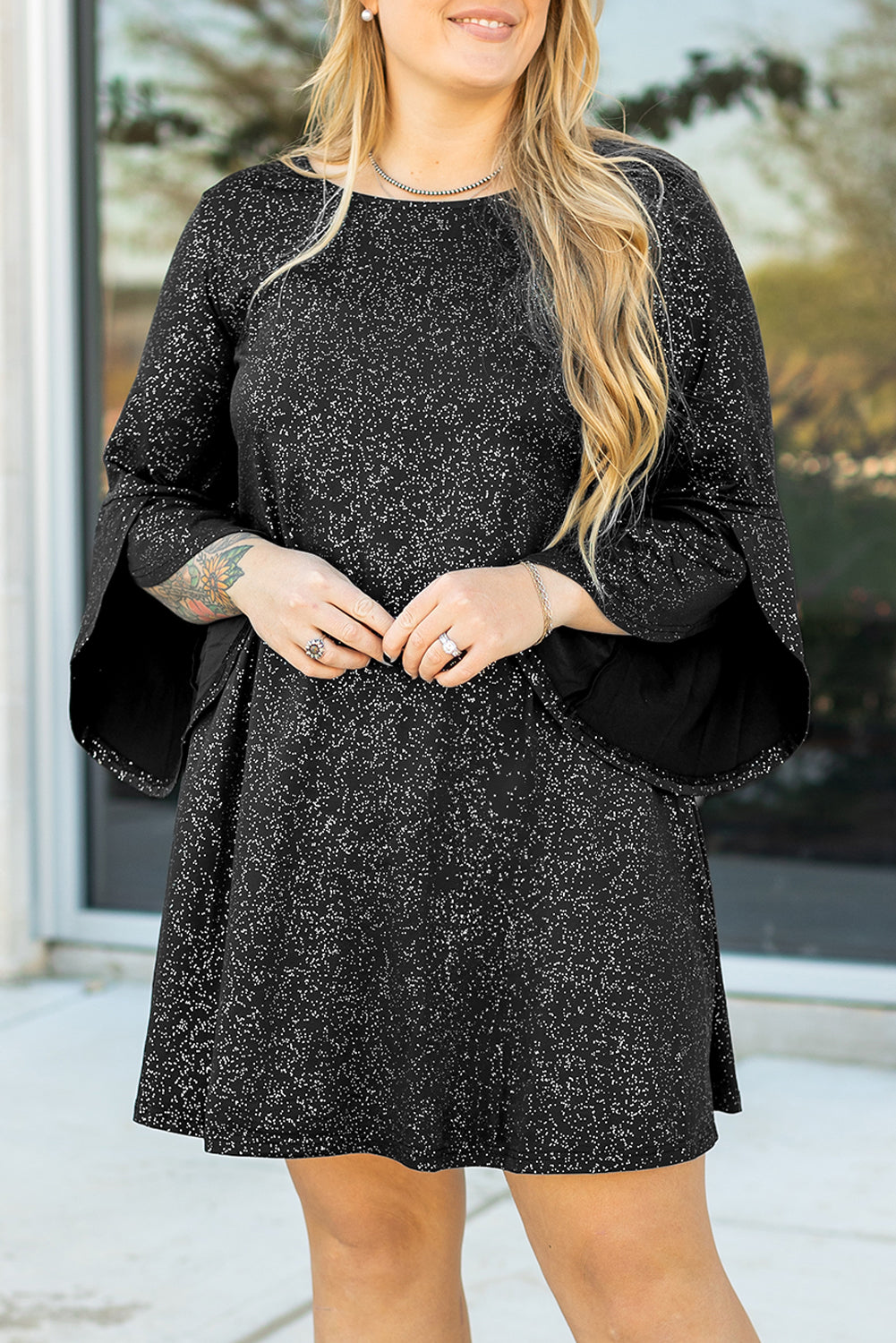 Blue Zone Planet | Black Plus Size Glitter Metallic Bell Sleeve Round Neck Mini Dress-TOPS / DRESSES-[Adult]-[Female]-2022 Online Blue Zone Planet