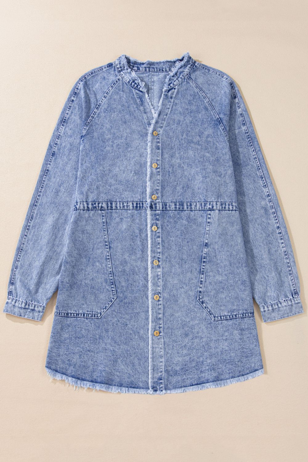 Blue Zone Planet | Raw Hem Button Down Long Sleeve Denim Dress-TOPS / DRESSES-[Adult]-[Female]-2022 Online Blue Zone Planet