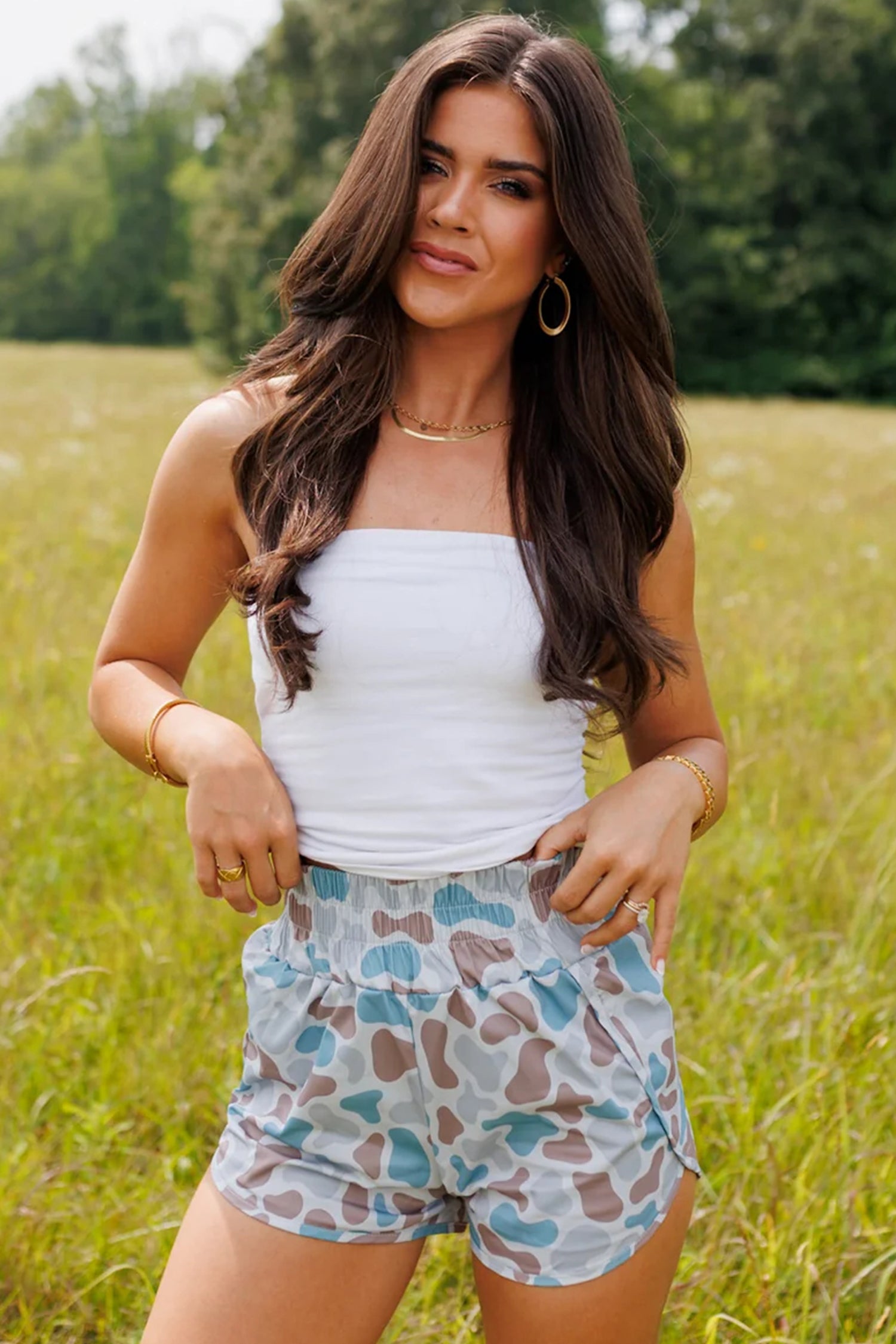 Multicolour Camouflage Print Shirred High Waist Athleisure Shorts-Bottoms/Casual Shorts-[Adult]-[Female]-2022 Online Blue Zone Planet