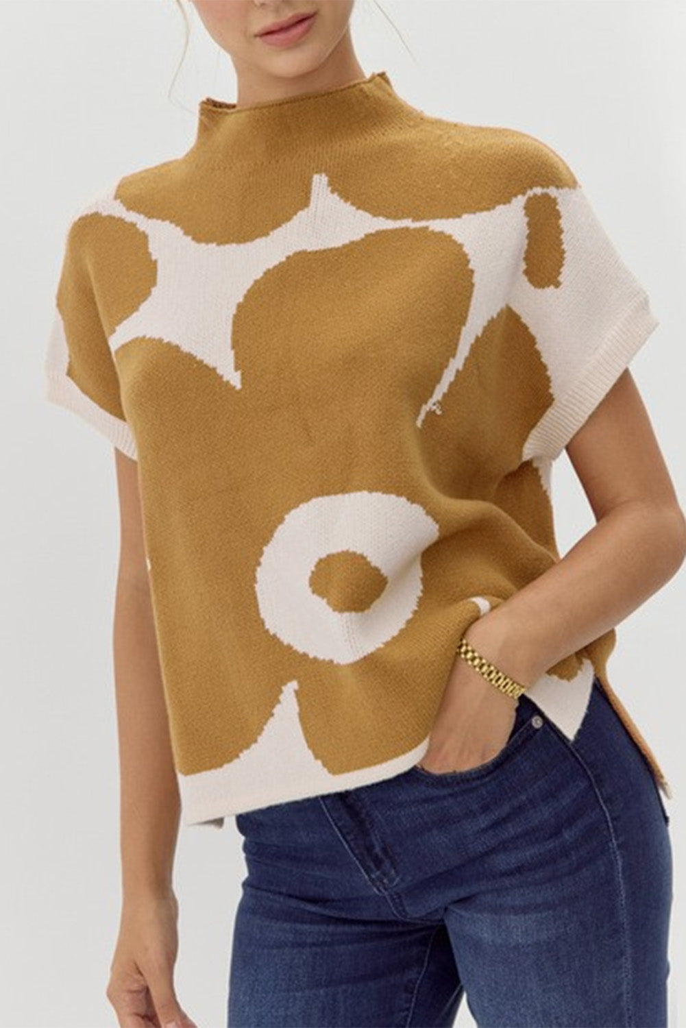 Blue Zone Planet | Camel Big Flower Pattern Stand Neck Short Sleeve Sweater-Sweaters & Cardigans/Short Sleeve Sweaters-[Adult]-[Female]-Camel-S-2022 Online Blue Zone Planet