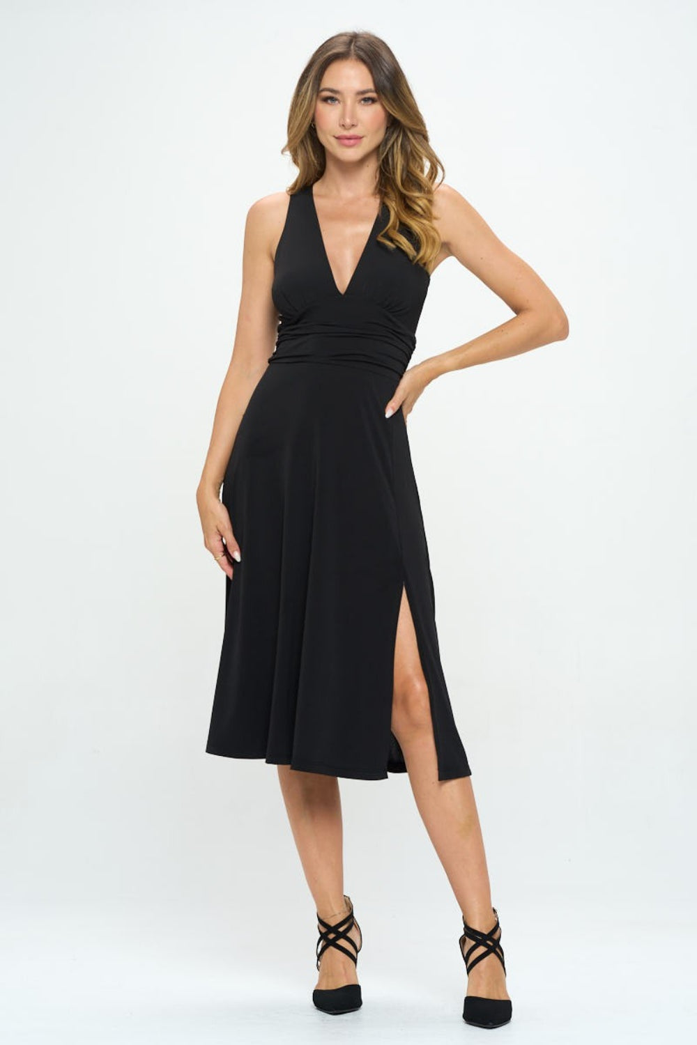 RENEE C Ruched Waist Sleeveless Slit Dress-TOPS / DRESSES-[Adult]-[Female]-Black-S-2022 Online Blue Zone Planet