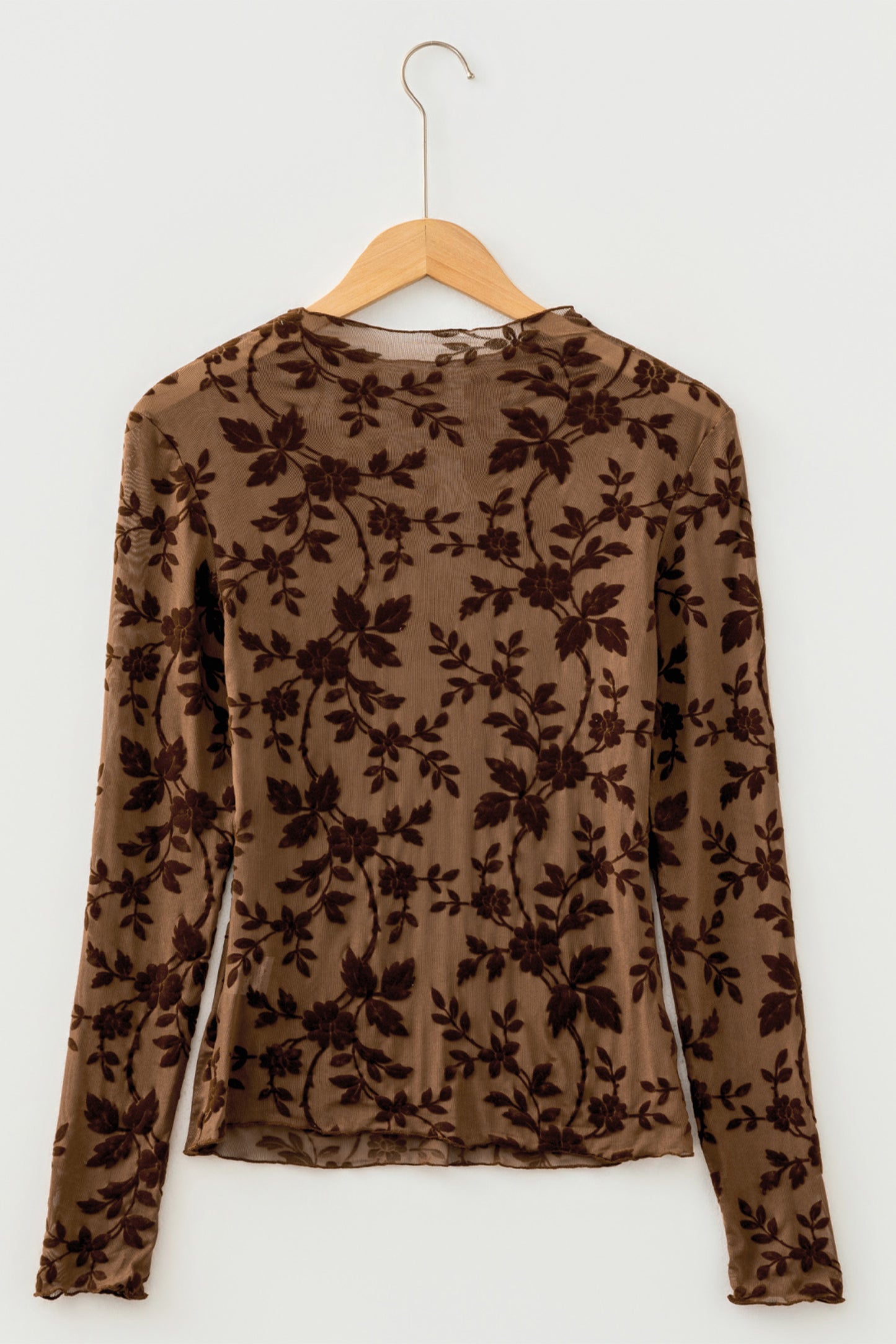 Apricot Floral Mesh Long Sleeve Round Neck Casual Sheath Top-Tops/Long Sleeve Tops-[Adult]-[Female]-2022 Online Blue Zone Planet