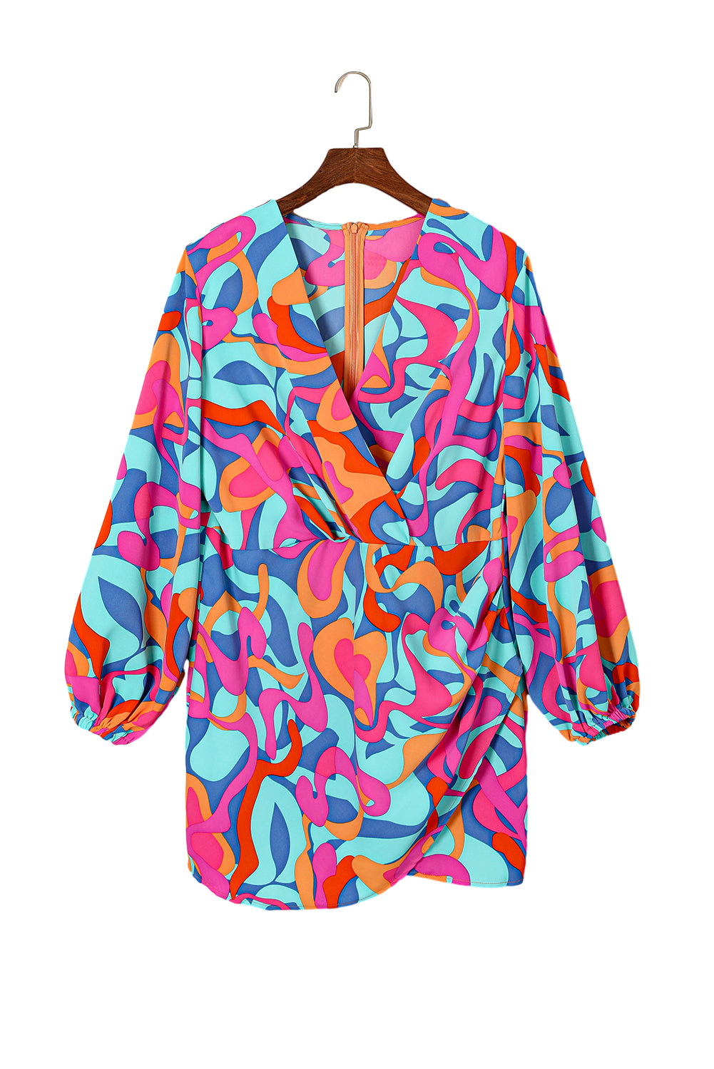 Blue Zone Planet | Multicolor Plus Size Abstract Print Pleated Surplice Long Sleeve Dress-TOPS / DRESSES-[Adult]-[Female]-2022 Online Blue Zone Planet