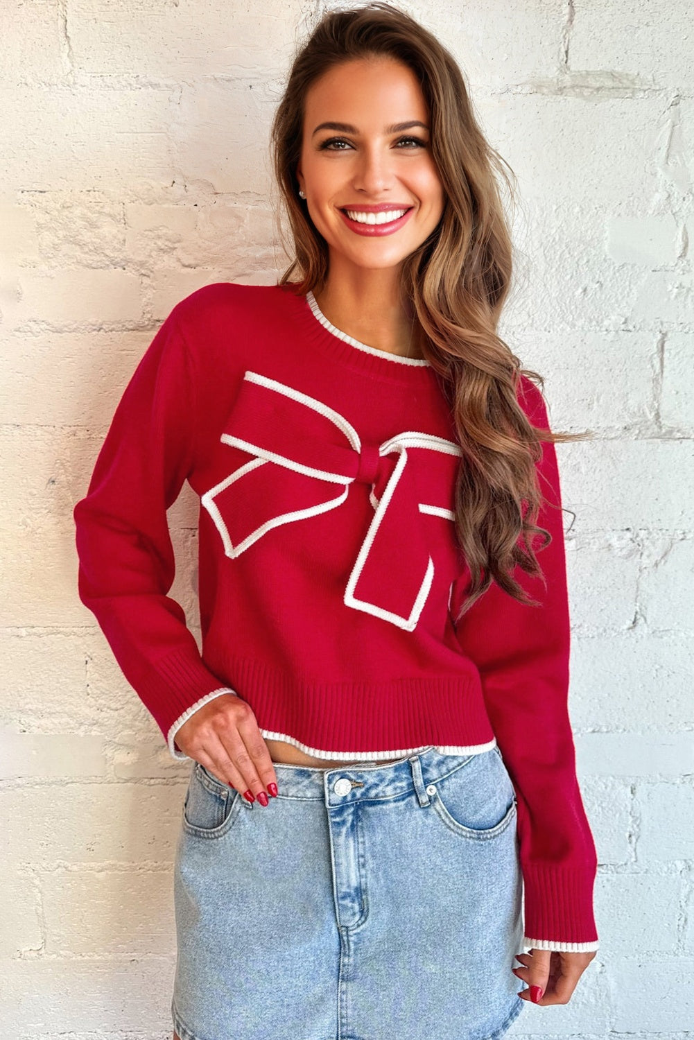Black Contrast Trim Big Bow Accent Holiday Cropped Sweater-TOPS / DRESSES-[Adult]-[Female]-2022 Online Blue Zone Planet