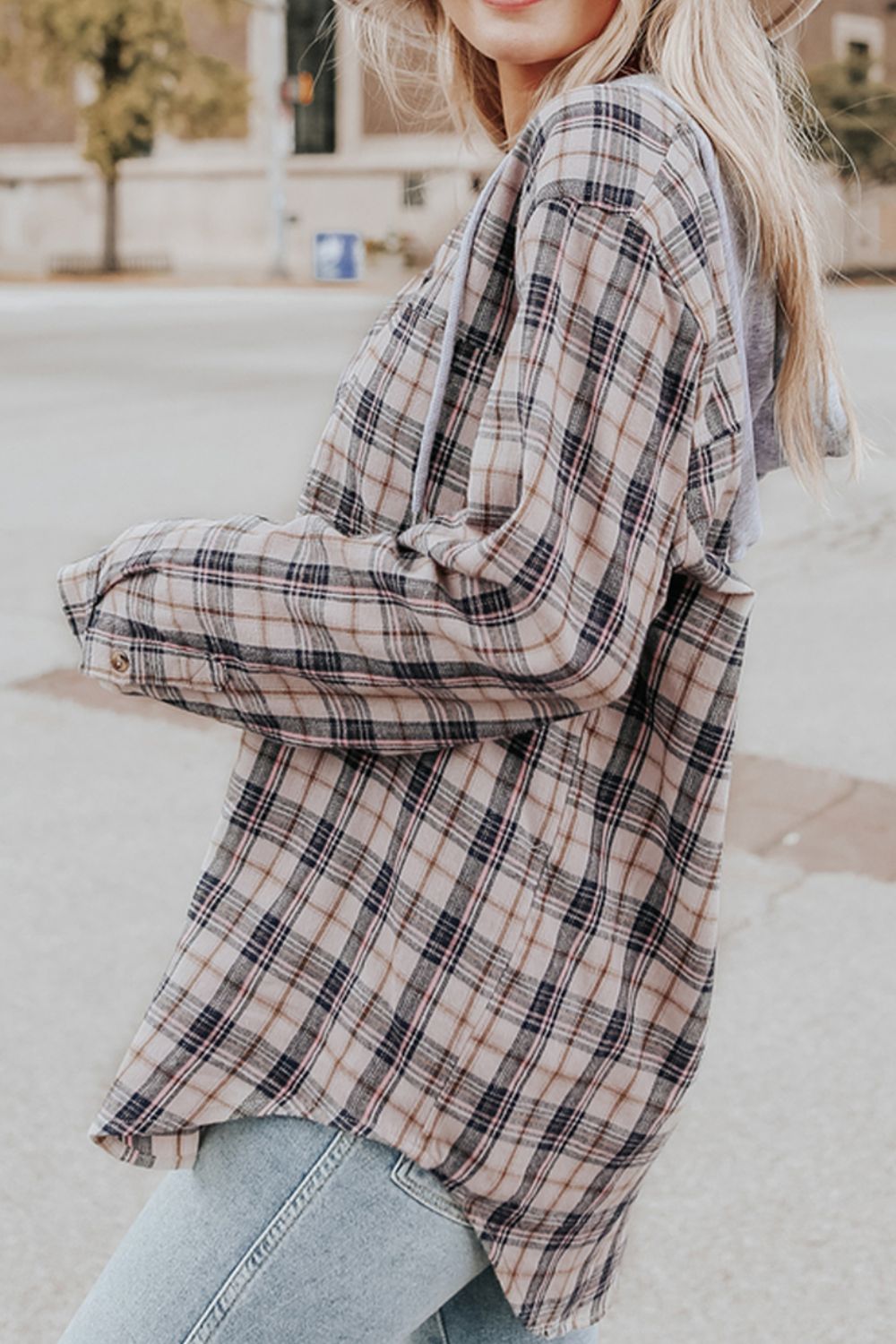 Drawstring Plaid Hooded Long Sleeve Shirt-TOPS / DRESSES-[Adult]-[Female]-2022 Online Blue Zone Planet