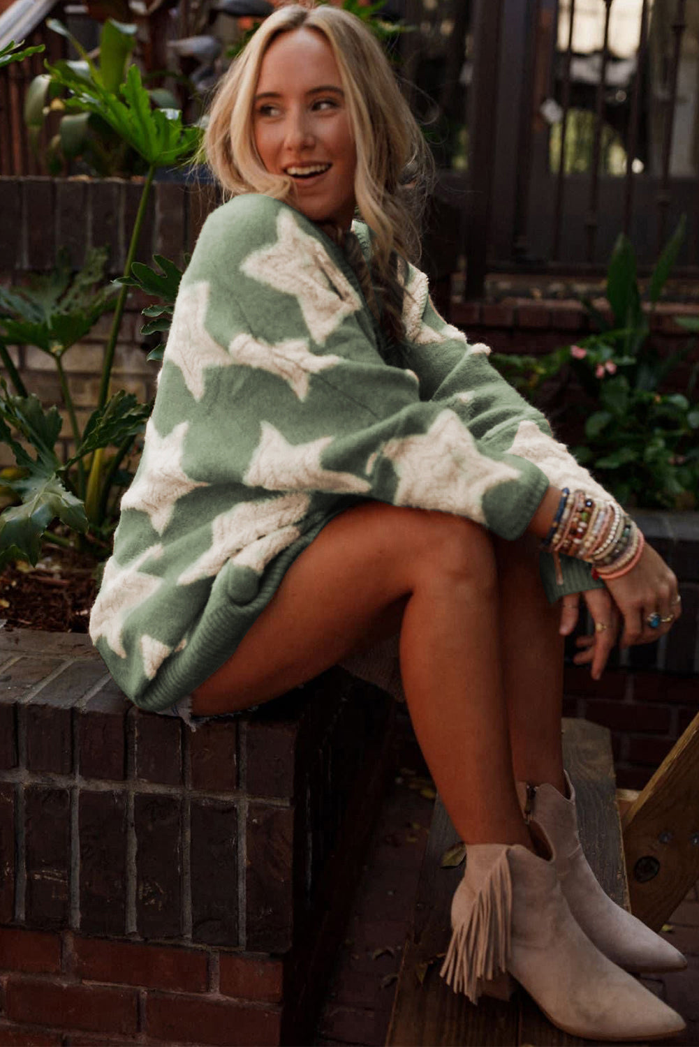 Green Sherpa Star Pattern Textured Sweater Cardigan with Pockets-Sweaters & Cardigans/Cardigans-[Adult]-[Female]-2022 Online Blue Zone Planet