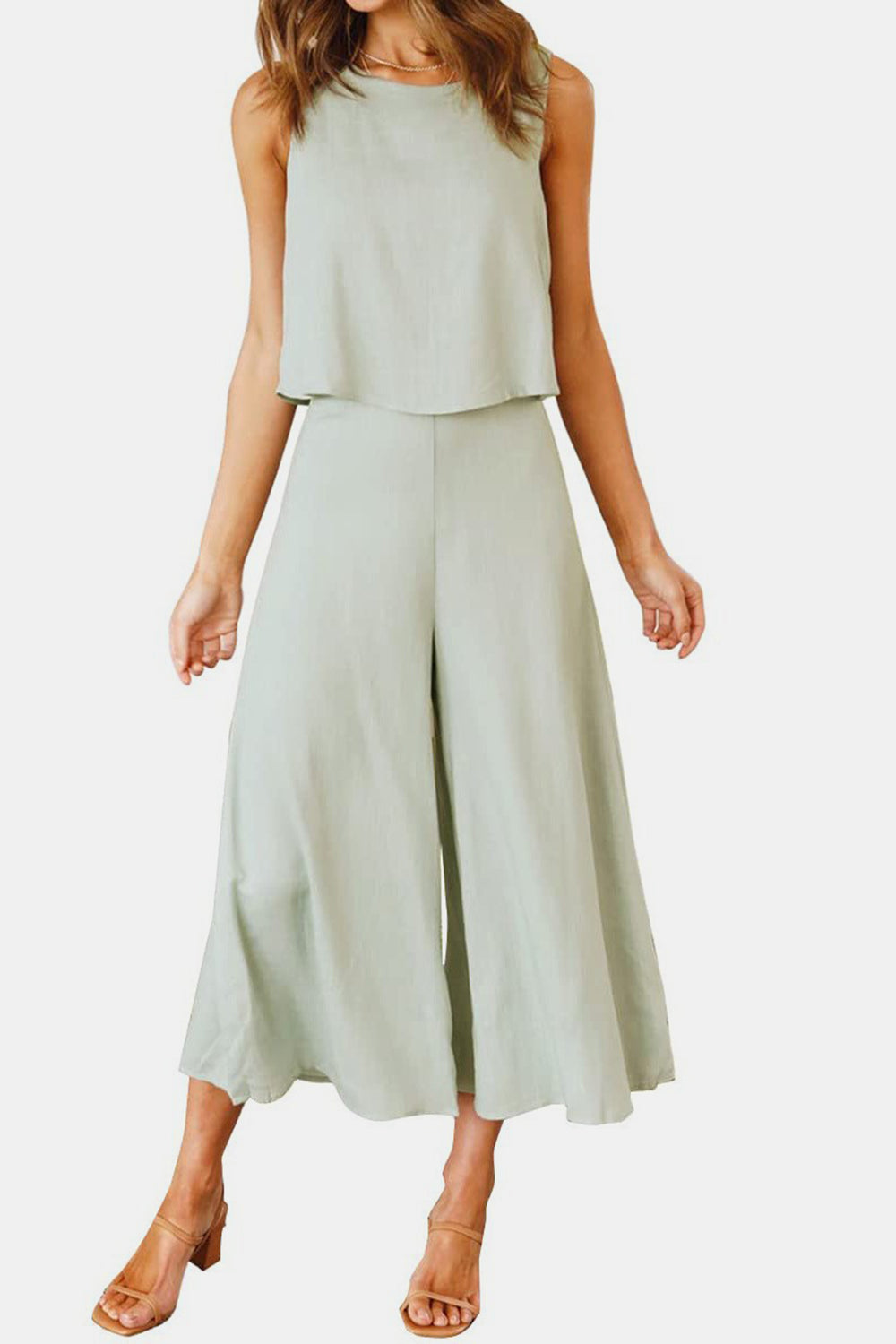 Round Neck Top and Wide Leg Pants Set-TOPS / DRESSES-[Adult]-[Female]-Light Green-S-2022 Online Blue Zone Planet