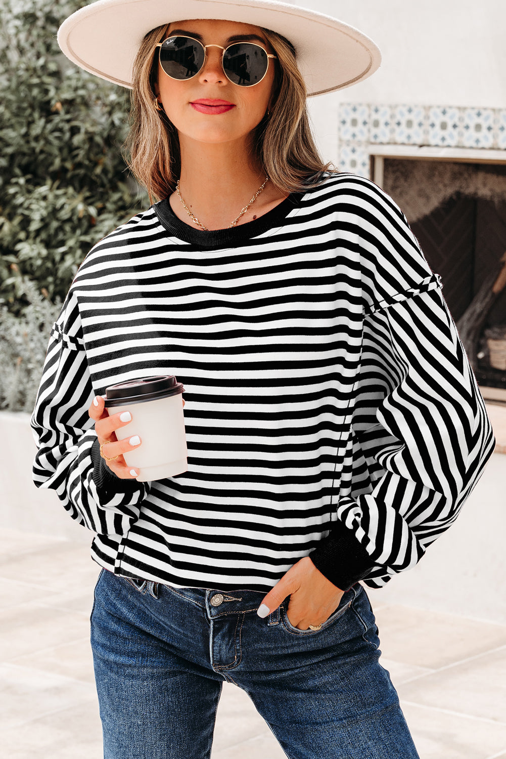 Black Stripe Exposed Seam Drop Shoulder Casual Pullover Top-Tops/Long Sleeve Tops-[Adult]-[Female]-Black Stripe-S-2022 Online Blue Zone Planet
