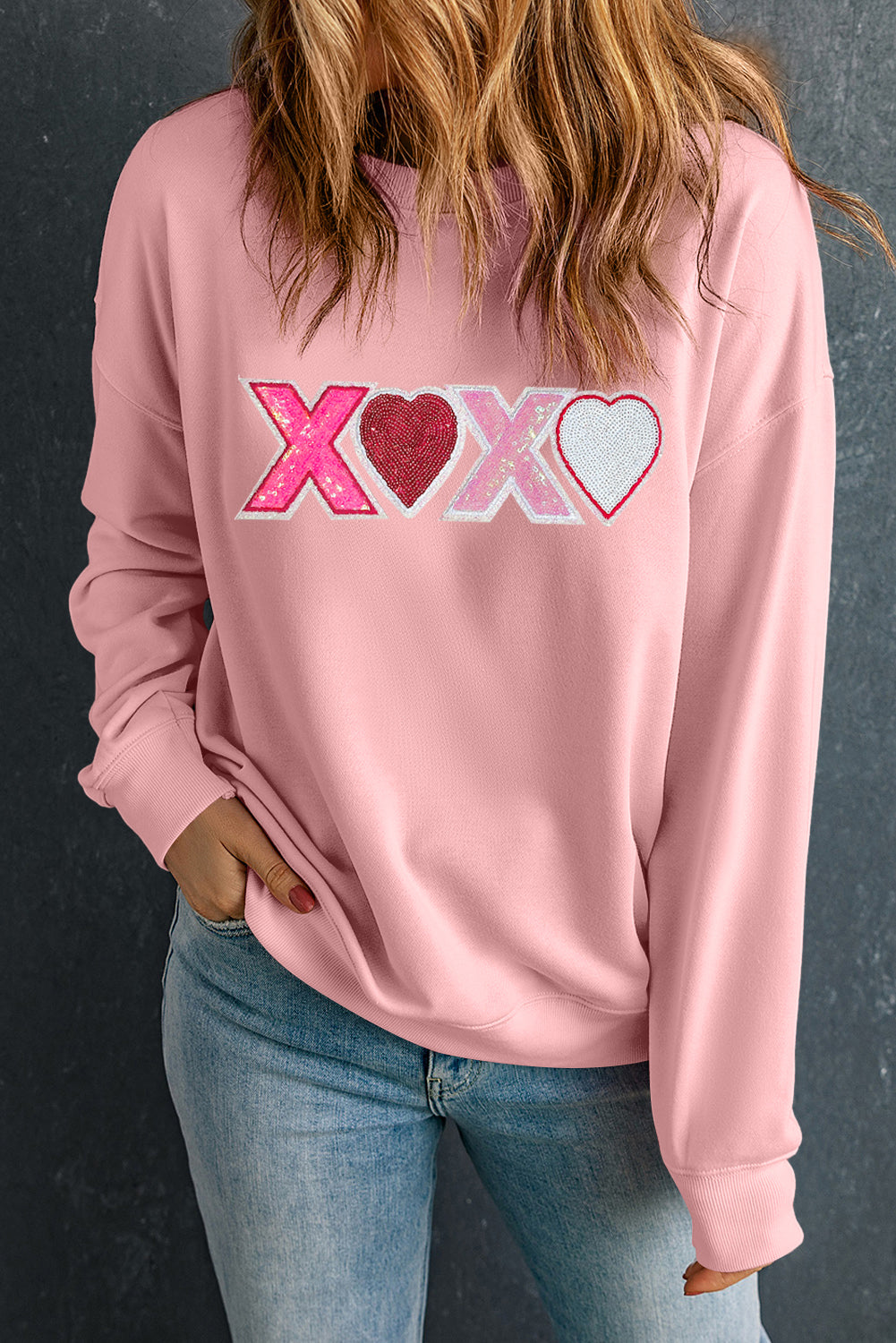 Pink Sequin Heart XOXO Graphic Drop Shoulder Valentines Sweatshirt-Graphic Sweatshirts-[Adult]-[Female]-2022 Online Blue Zone Planet