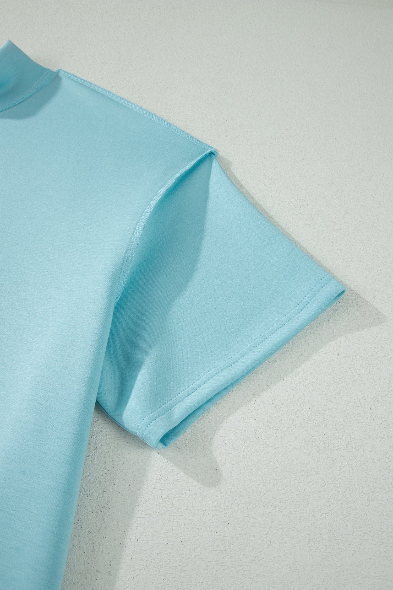 Mist Blue Solid Color Mock Neck Half Sleeve Top Plus Size 2pcs Short Set-Plus Size/Plus Size Loungewear-[Adult]-[Female]-2022 Online Blue Zone Planet