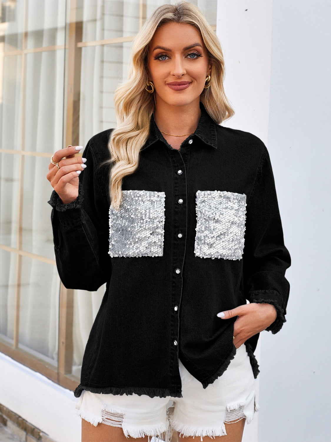 Blue Zone Planet | Raw Hem Button Up Long Sleeve Denim Jacket with Sequin Pockets-TOPS / DRESSES-[Adult]-[Female]-Black-S-2022 Online Blue Zone Planet