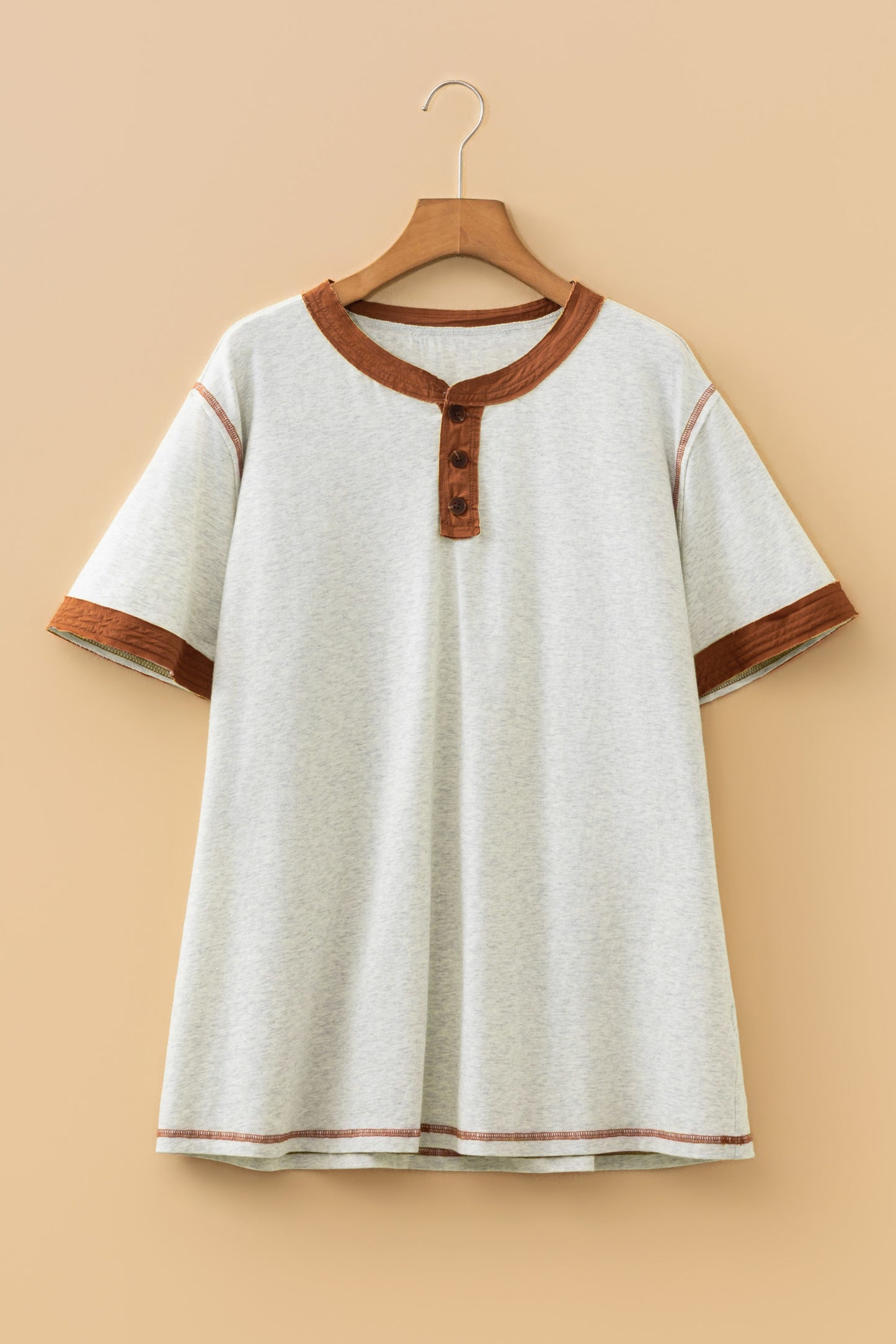 Light Grey Plus Size Distressed Color Block Trim Cotton Henley Tee-Plus Size/Plus Size Tops/Plus Size Tops & Tees-[Adult]-[Female]-2022 Online Blue Zone Planet