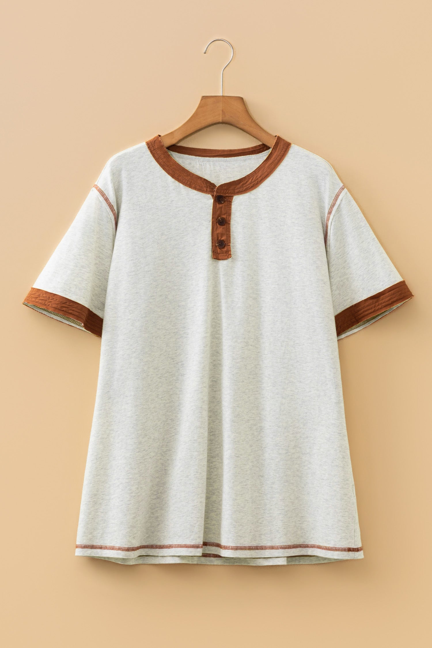 Light Grey Plus Size Distressed Color Block Trim Cotton Henley Tee-Plus Size/Plus Size Tops/Plus Size Tops & Tees-[Adult]-[Female]-2022 Online Blue Zone Planet