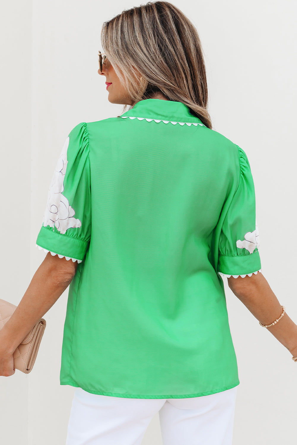 Green Floral Ric Rac Edge Puff Sleeve Button Up Summer Shirt-Tops/Blouses & Shirts-[Adult]-[Female]-2022 Online Blue Zone Planet