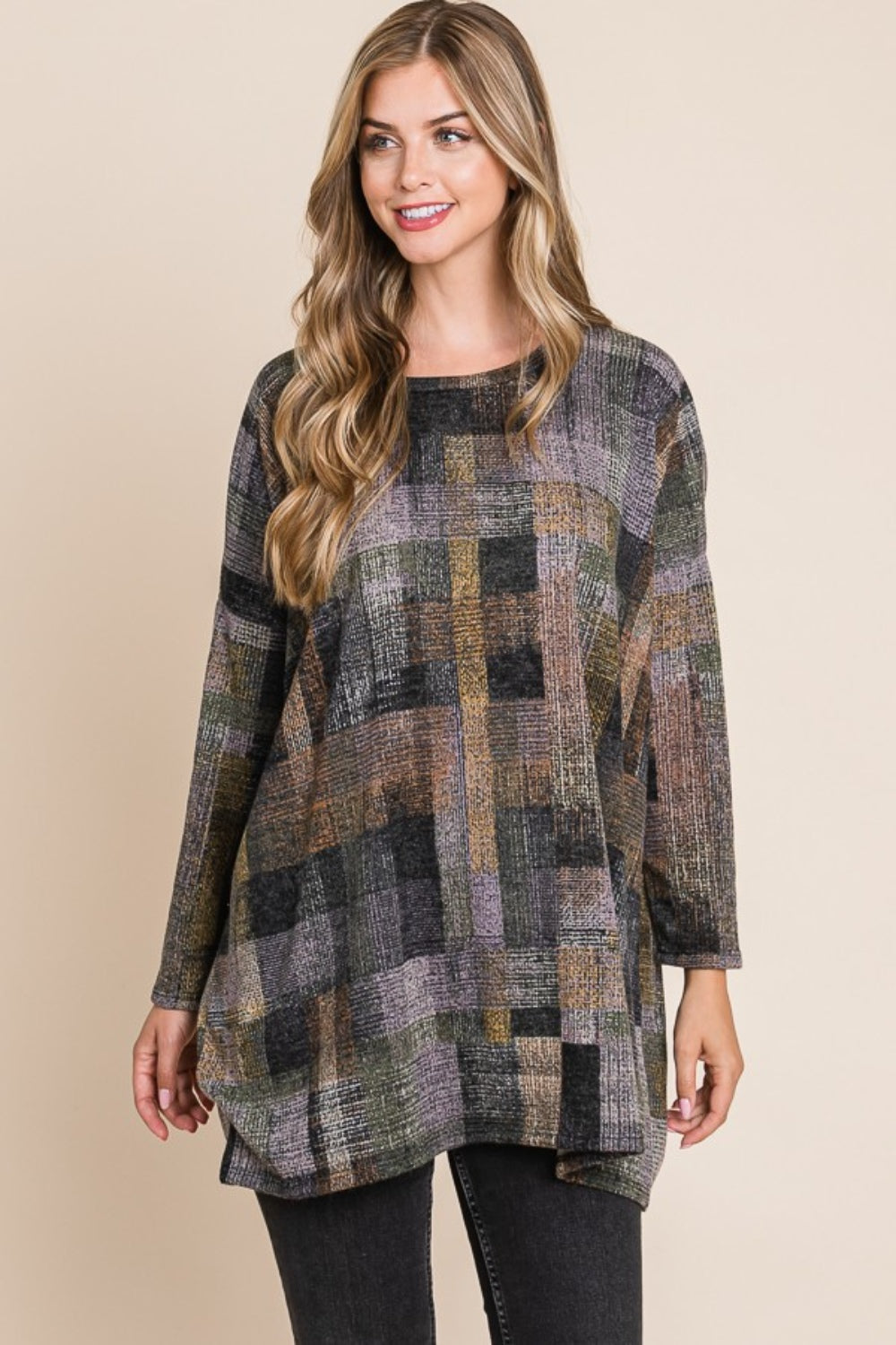 BOMBOM Plaid Round Neck Long Sleeve Top-TOPS / DRESSES-[Adult]-[Female]-2022 Online Blue Zone Planet