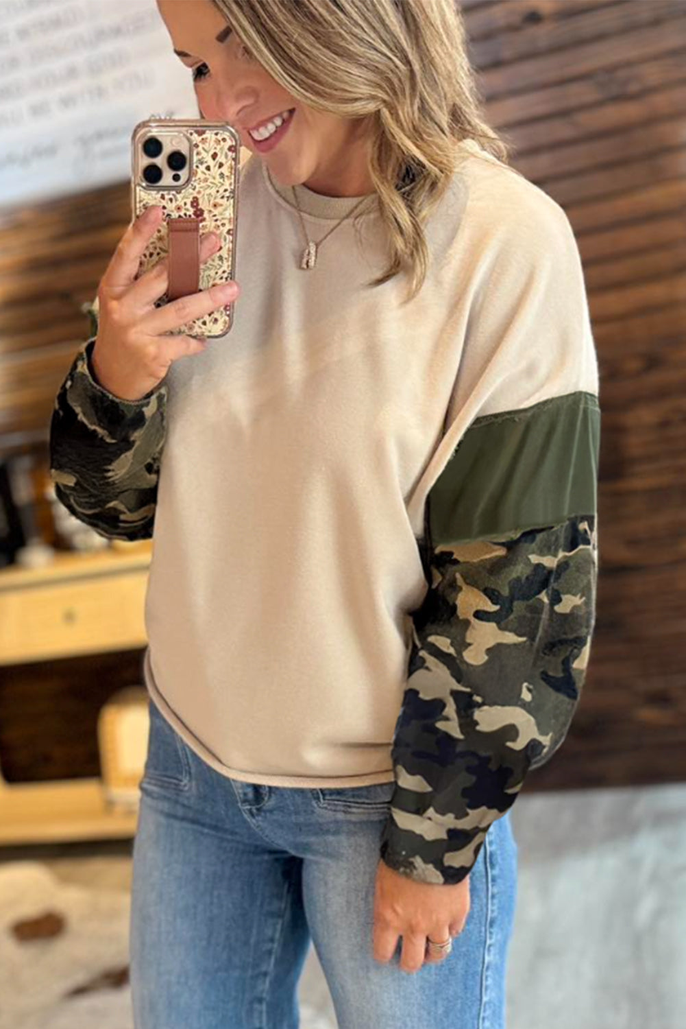 Apricot Camo Print Patchwork Sleeve Raw Hem Plus Size Sweatshirt-Plus Size/Plus Size Sweatshirts & Hoodies-[Adult]-[Female]-2022 Online Blue Zone Planet