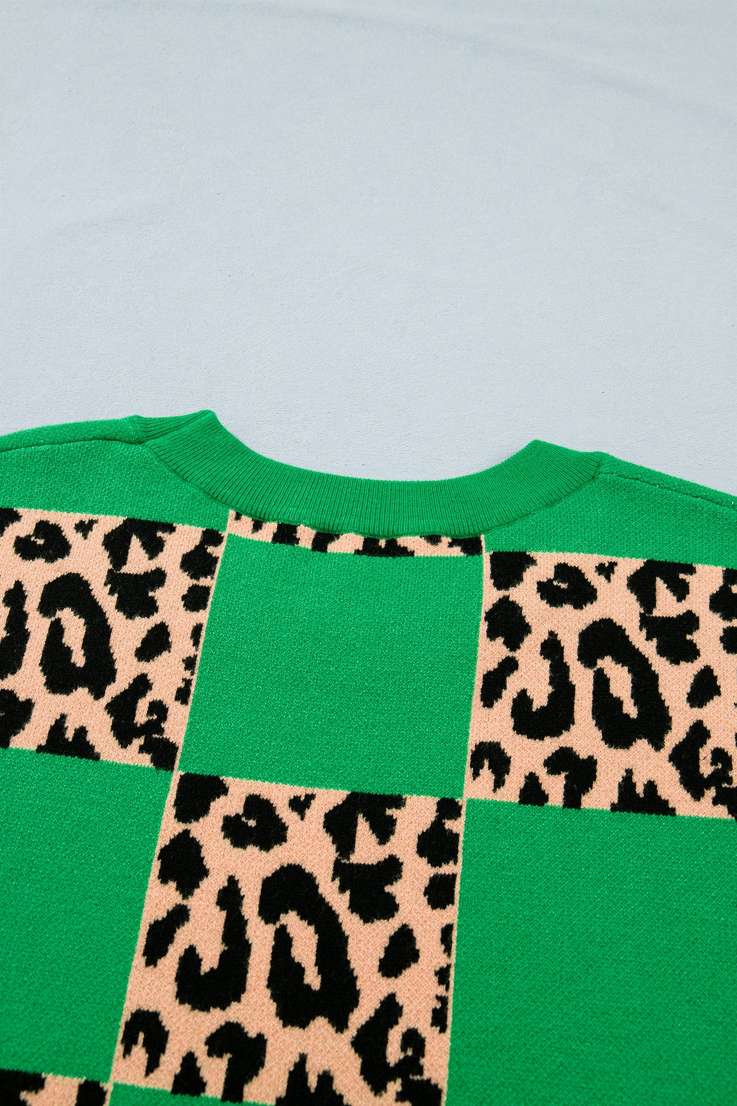 Green Plus Size Leopard Contrasted Checkered Short Sleeve Sweater-TOPS / DRESSES-[Adult]-[Female]-2022 Online Blue Zone Planet
