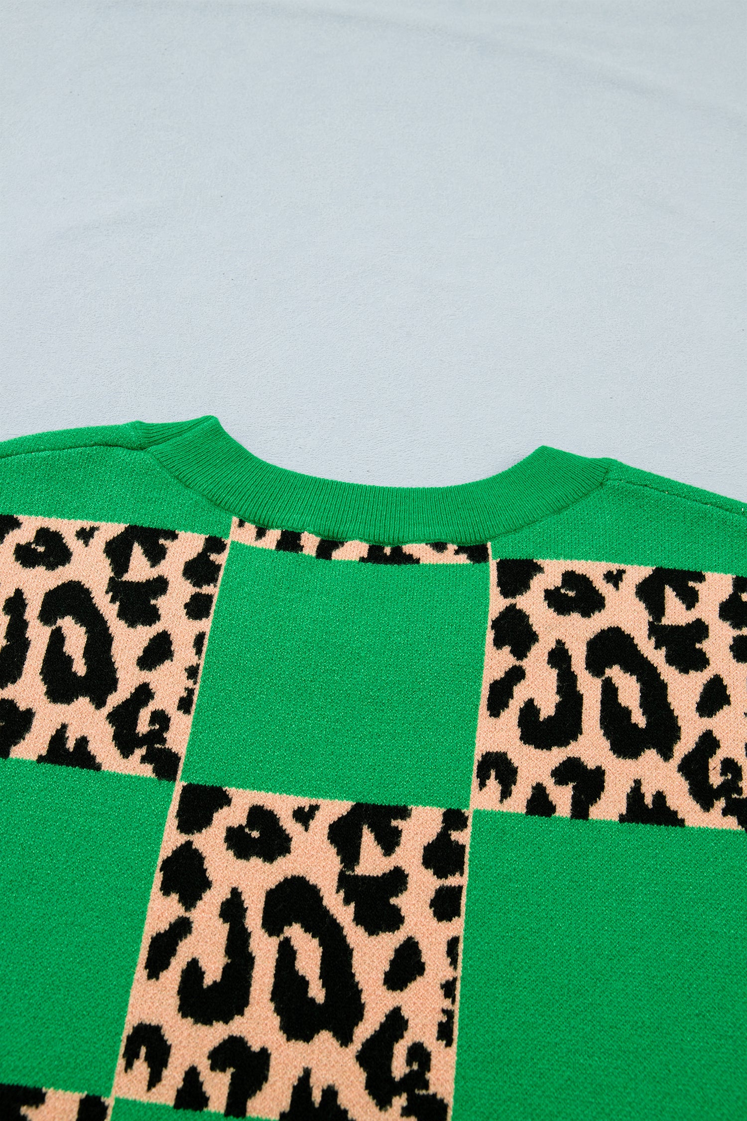 Green Plus Size Leopard Contrasted Checkered Short Sleeve Sweater-TOPS / DRESSES-[Adult]-[Female]-2022 Online Blue Zone Planet