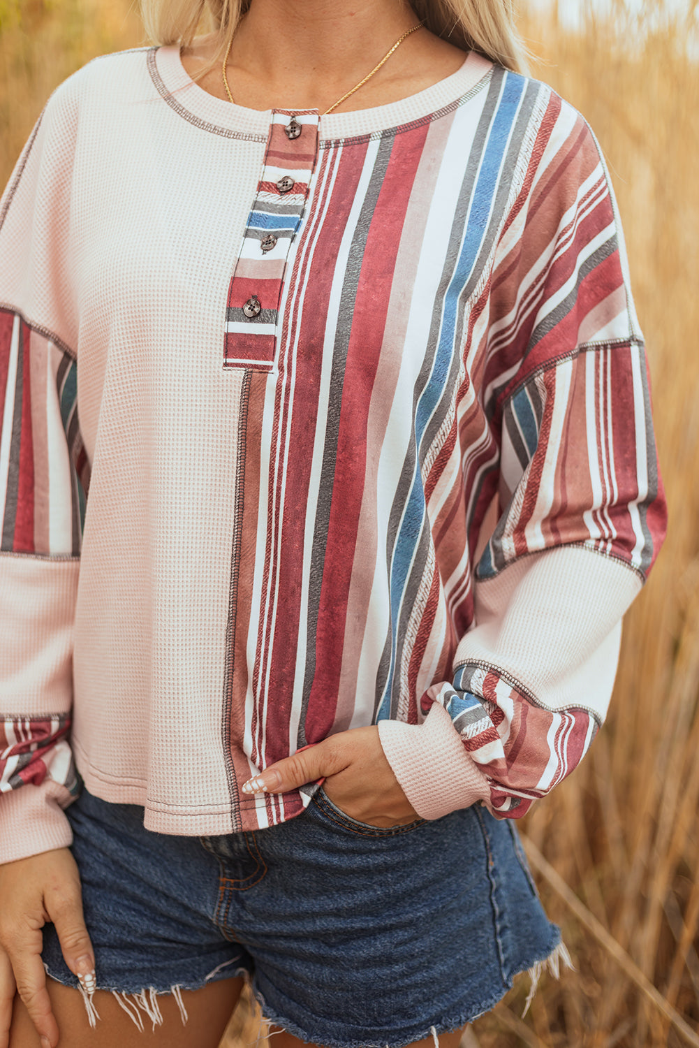 Beige Striped Waffle Patchwork Exposed Seam Raw Edge Casual Knit Top-Tops/Blouses & Shirts-[Adult]-[Female]-2022 Online Blue Zone Planet