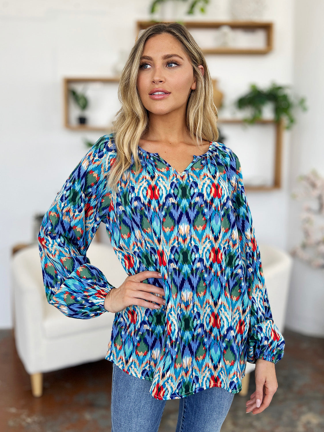 Blue Zone Planet | Double Take Full Size Printed Balloon Sleeve Blouse-TOPS / DRESSES-[Adult]-[Female]-2022 Online Blue Zone Planet