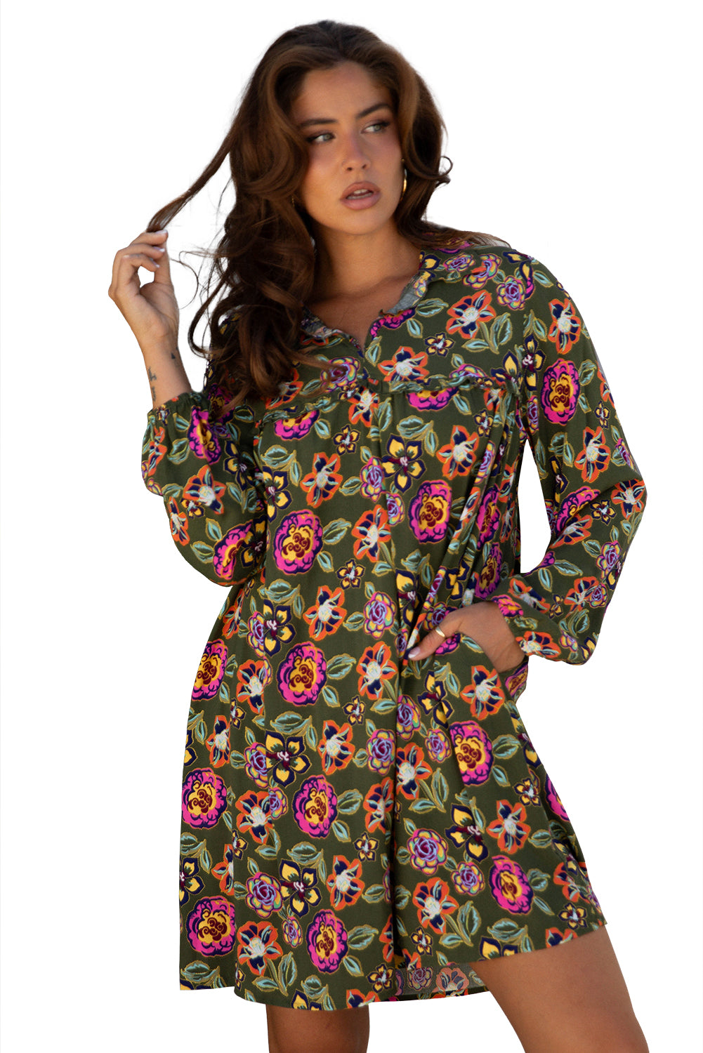Green Floral Print Split Neck Bubble Sleeve Shift Mini Dress-TOPS / DRESSES-[Adult]-[Female]-2022 Online Blue Zone Planet