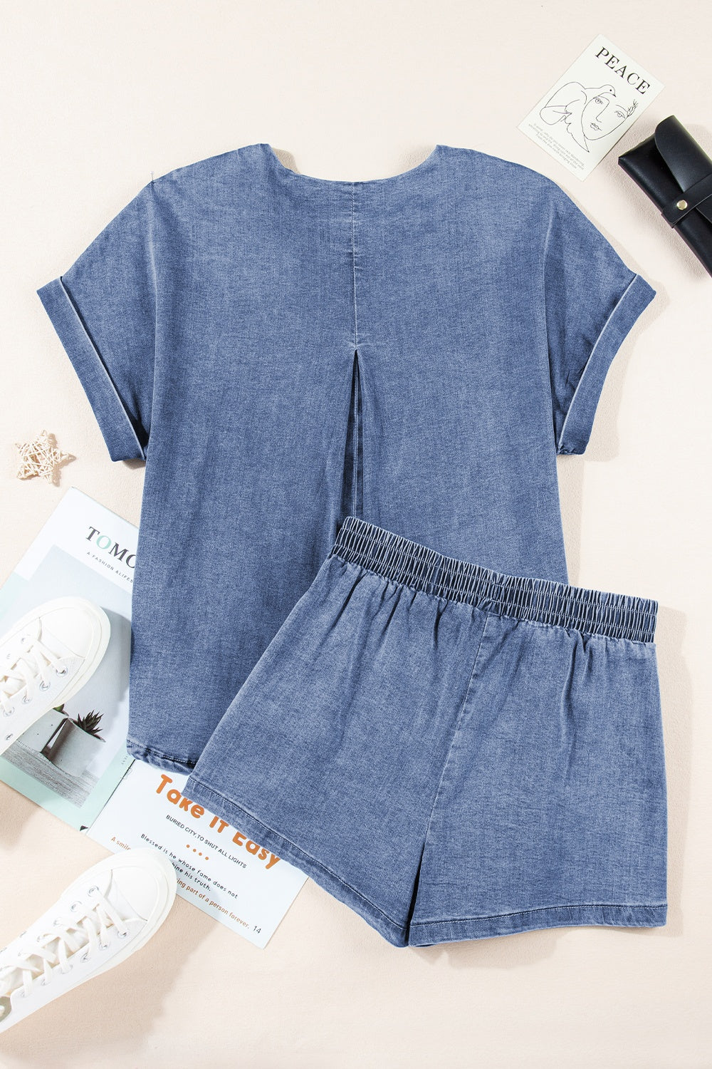 Round Neck Short Sleeve Top and Shorts Denim Set-TOPS / DRESSES-[Adult]-[Female]-2022 Online Blue Zone Planet