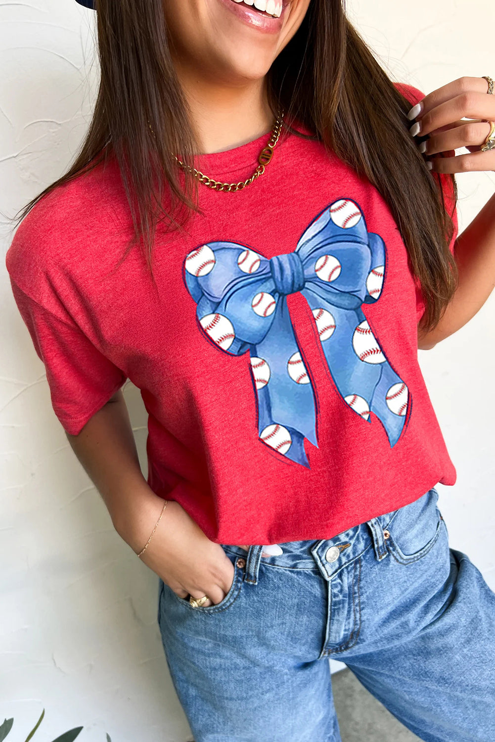 Red Rugby Bowknot Graphic Crew Neck Tee-Graphic/Graphic Tees-[Adult]-[Female]-2022 Online Blue Zone Planet