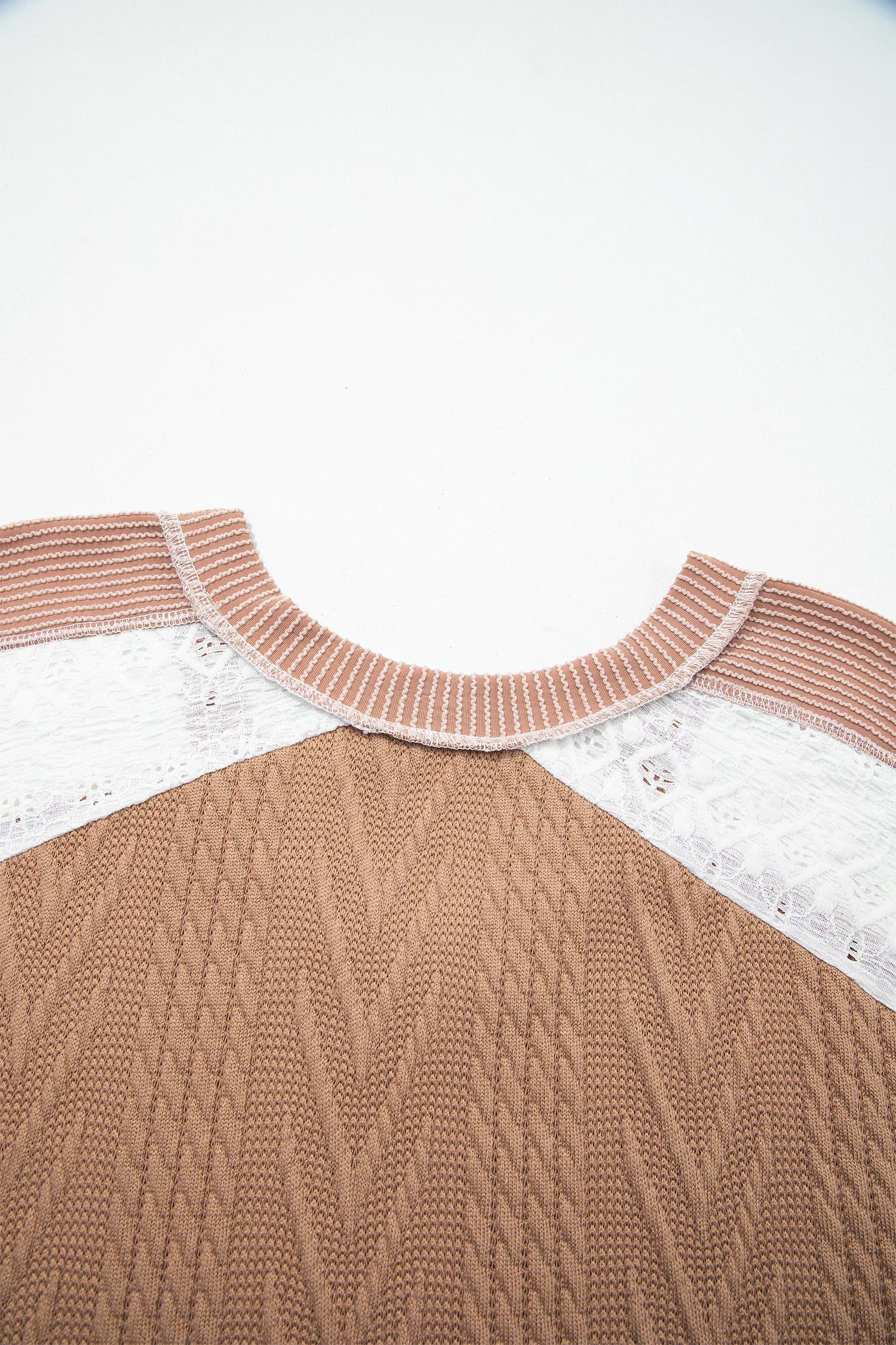 Coffee V Neck Lace Sleeve Patchwork Plus Size Blouse-Plus Size/Plus Size Tops/Plus Size Long Sleeve Tops-[Adult]-[Female]-2022 Online Blue Zone Planet