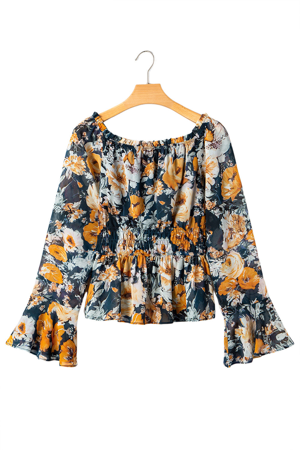 Blue Floral Off Shoulder Bell Sleeve Smocked Peplum Top-Tops/Blouses & Shirts-[Adult]-[Female]-2022 Online Blue Zone Planet