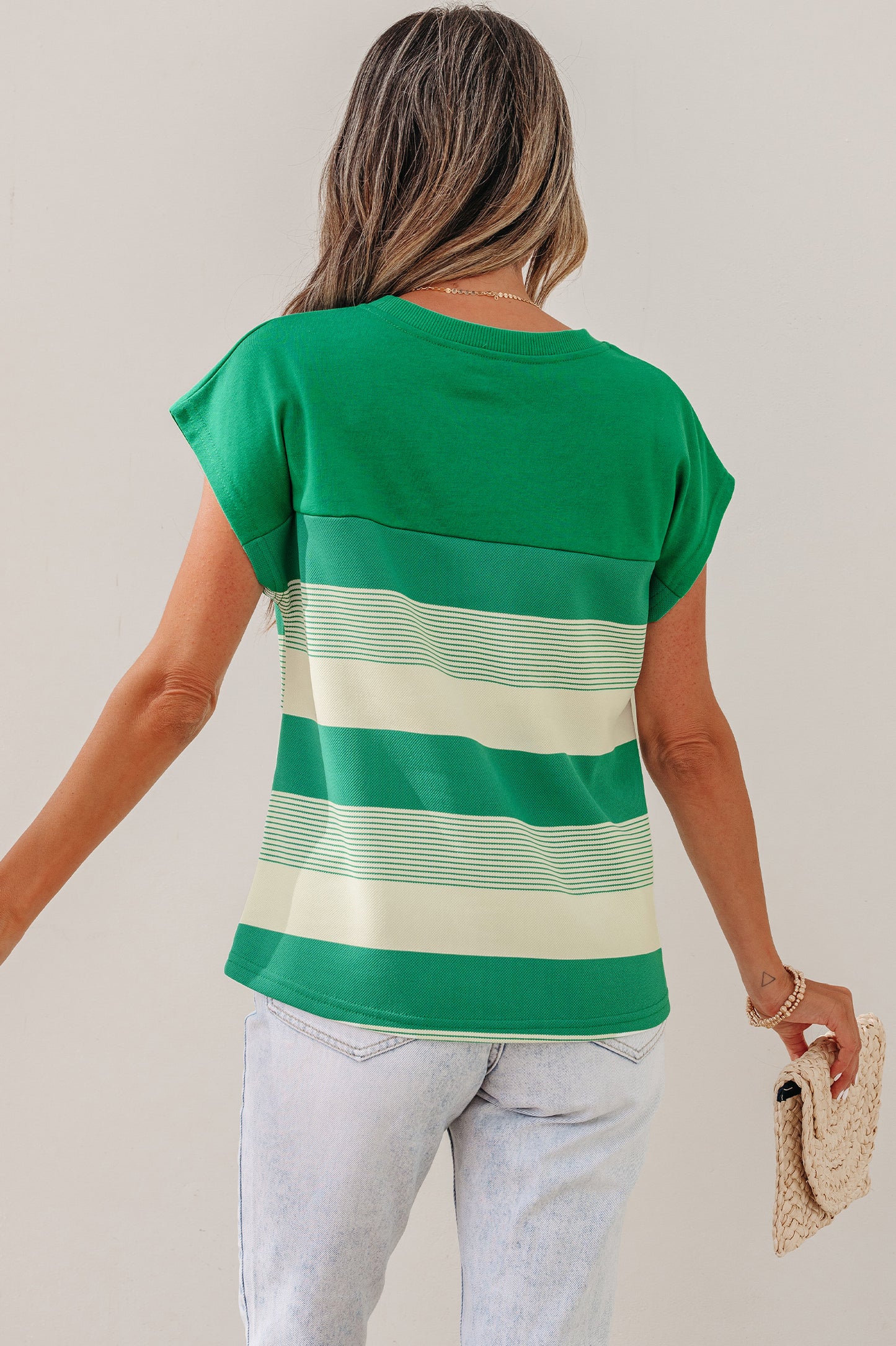 Green Stripe Mixed Print Crew Neck Cap Sleeve T Shirt-Tops/Tops & Tees-[Adult]-[Female]-2022 Online Blue Zone Planet