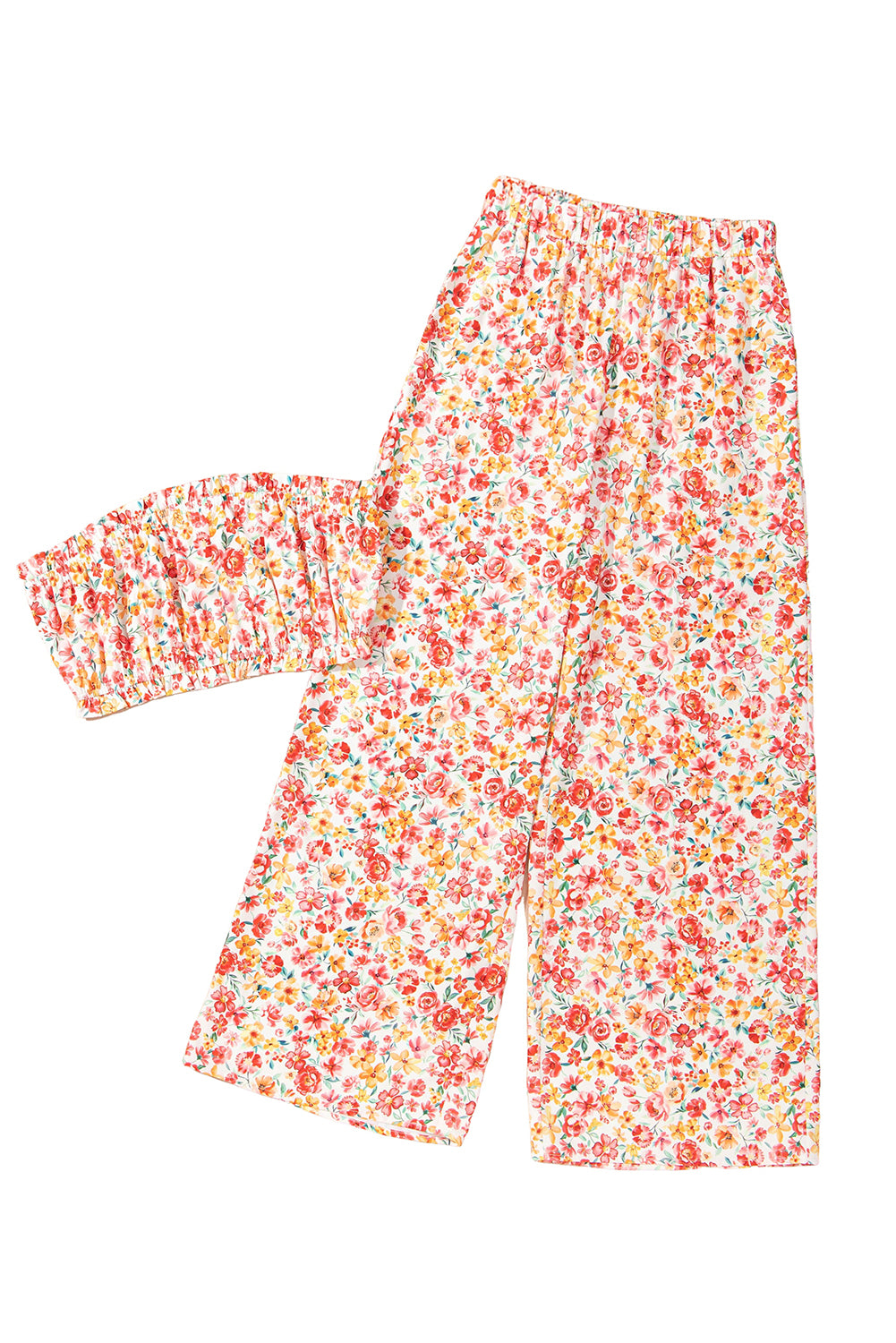Pink Boho Floral Bandeau Top and High Waist Wide Leg Pants Set-Two Piece Sets/Pant Sets-[Adult]-[Female]-2022 Online Blue Zone Planet