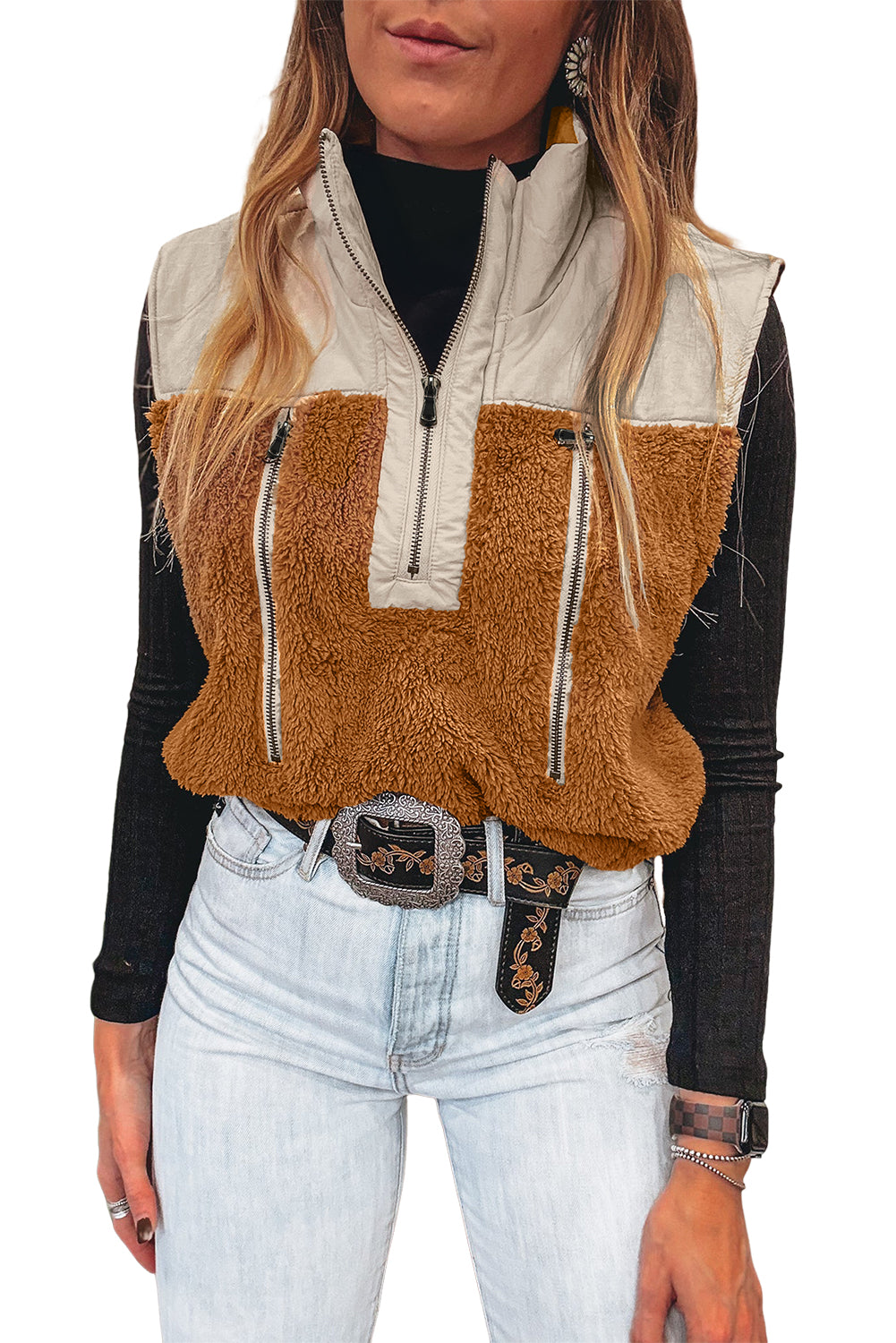 Chestnut Color Block Plush Patchwork Zipper Stand Neck Vest-Outerwear/Vests-[Adult]-[Female]-2022 Online Blue Zone Planet