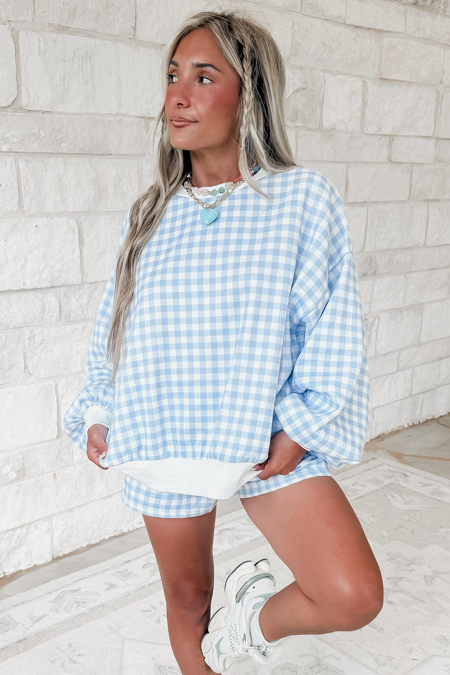 Pink Plaid Baggy Pullover Drawstring Casual Shorts 2pcs Outfit-Two Piece Sets/Short Sets-[Adult]-[Female]-2022 Online Blue Zone Planet