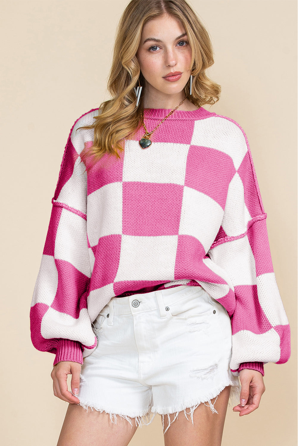 Blue Zone Planet | Pink Checked Bishop Sleeve Pullover Sweater-Sweaters-[Adult]-[Female]-2022 Online Blue Zone Planet