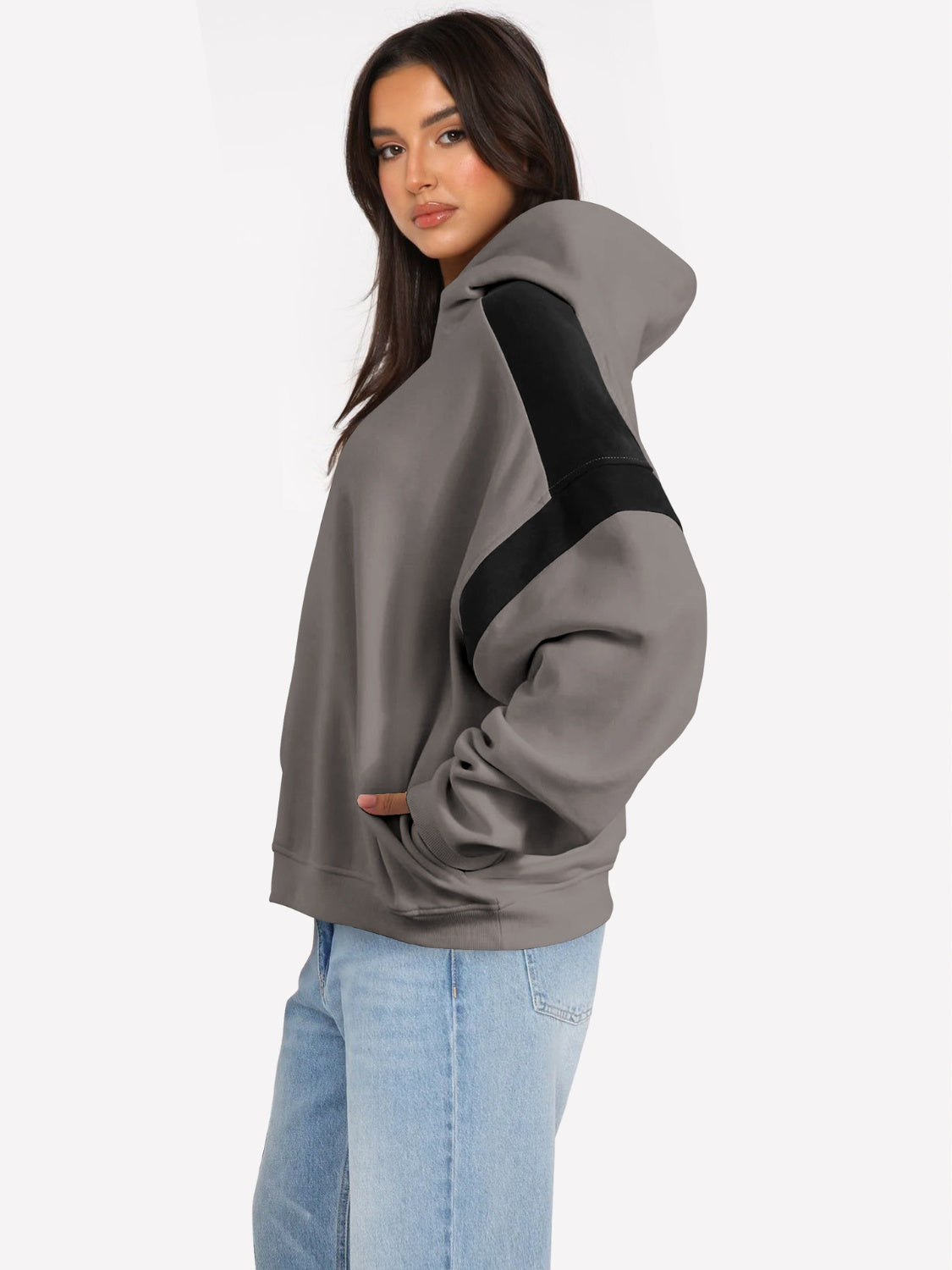 Contrast Dropped Shoulder Long Sleeve Hoodie-TOPS / DRESSES-[Adult]-[Female]-Light Gray-S-2022 Online Blue Zone Planet