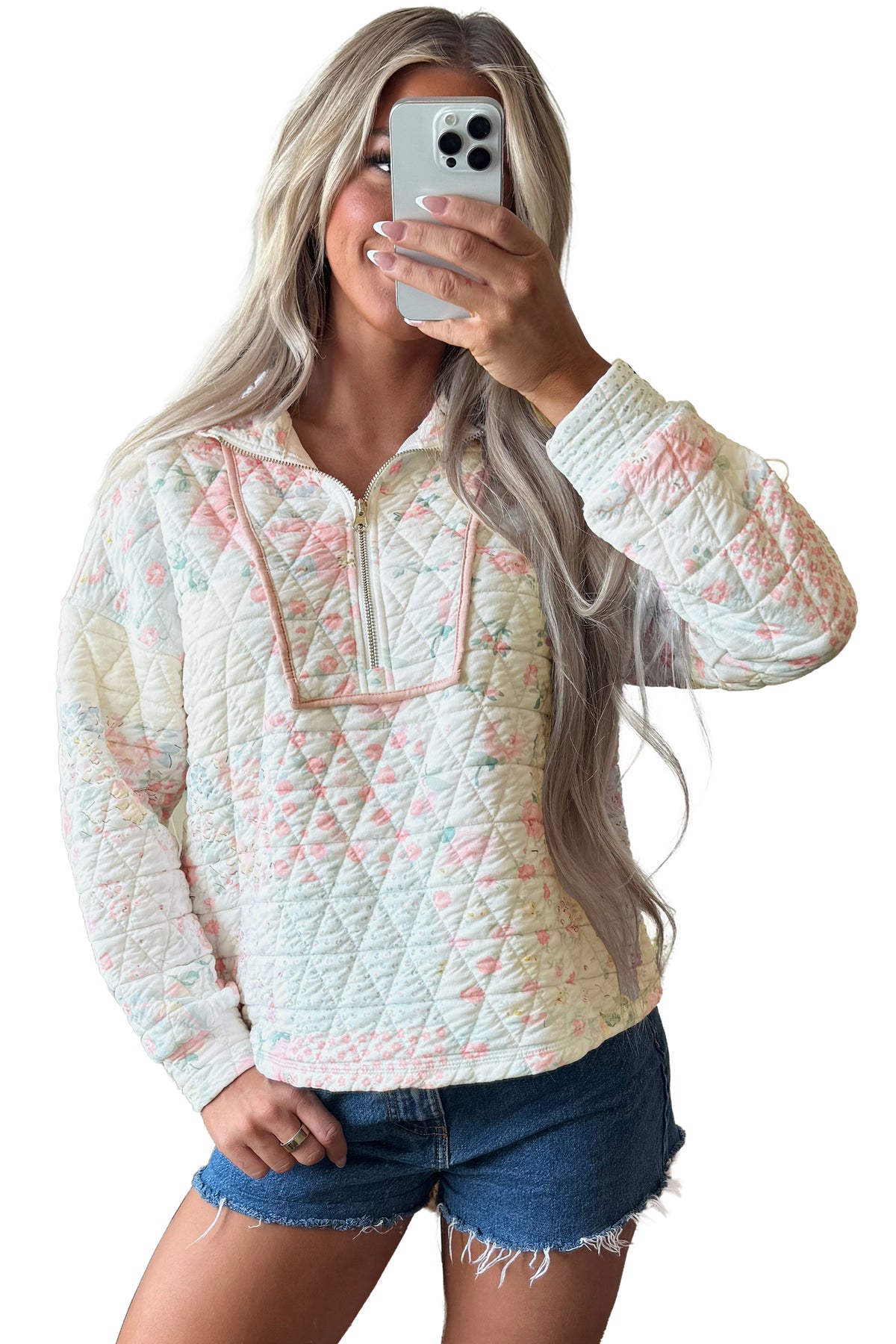 Multicolour Floral Quilted Metal Zipper Collar Long Sleeve Sweatshirt-Tops / Dresses-[Adult]-[Female]-2022 Online Blue Zone Planet