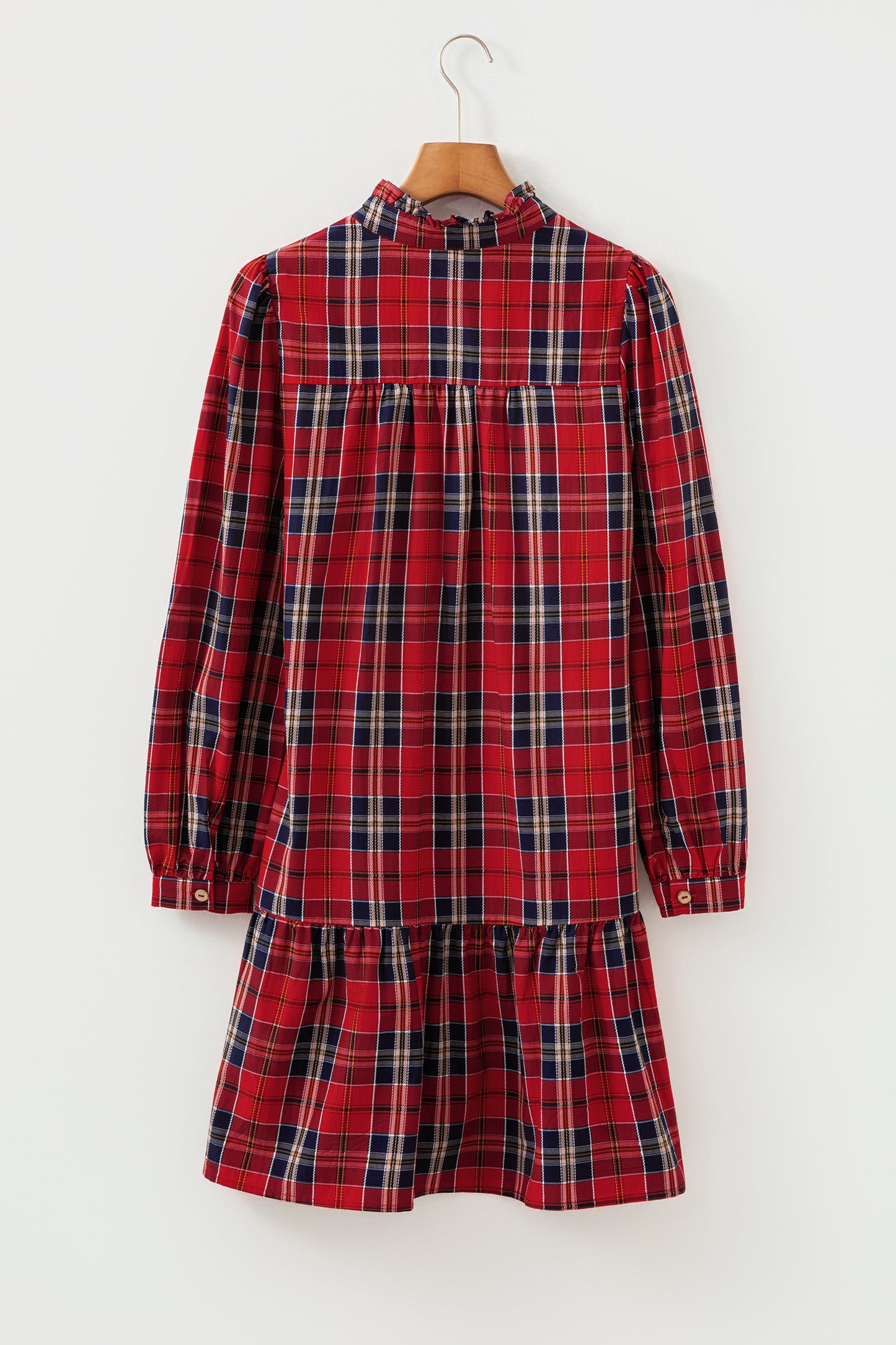 Red Plaid Print Frilly Collar Long Sleeve Shift Mini Dress-TOPS / DRESSES-[Adult]-[Female]-2022 Online Blue Zone Planet