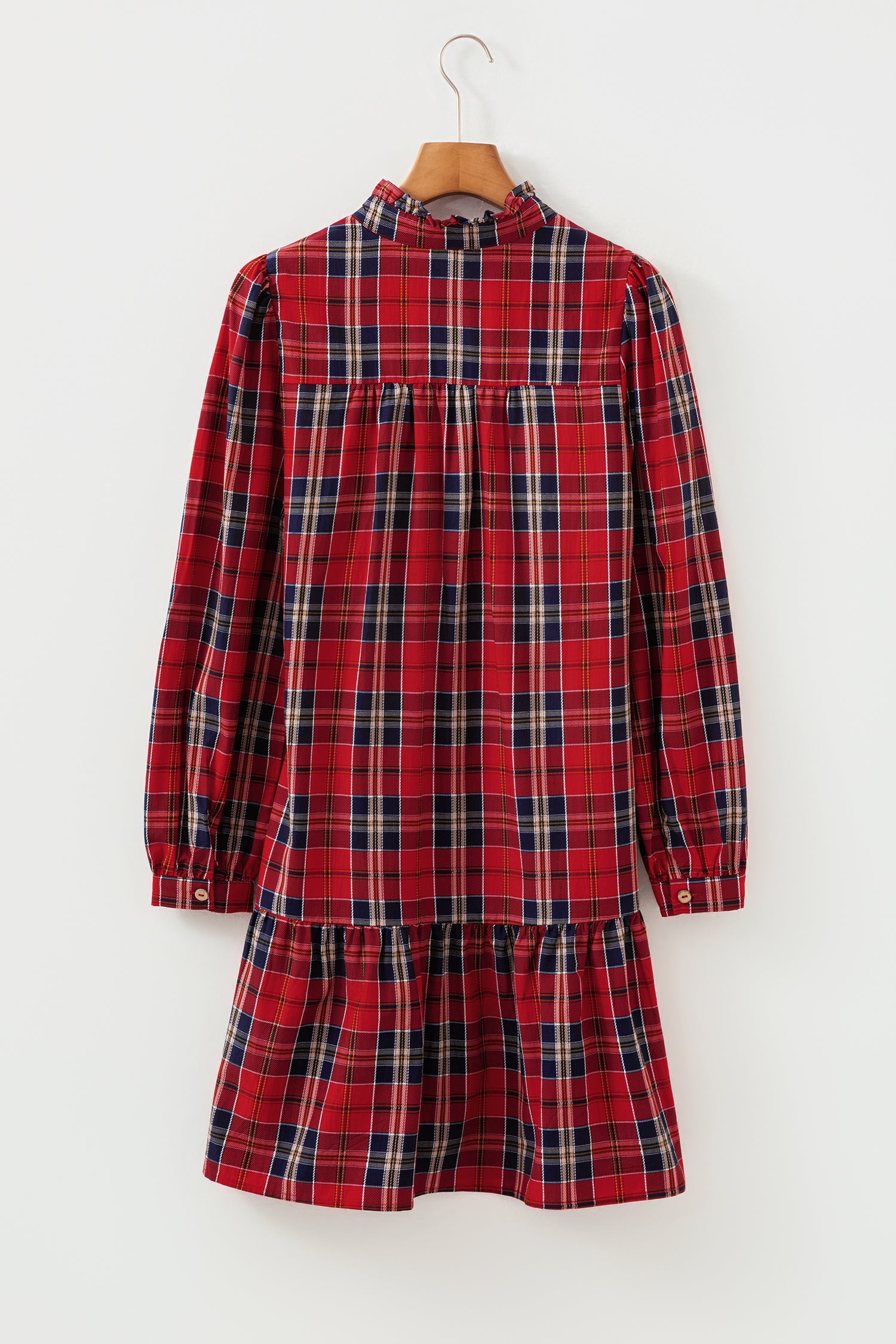 Red Plaid Print Frilly Collar Long Sleeve Shift Mini Dress-TOPS / DRESSES-[Adult]-[Female]-2022 Online Blue Zone Planet