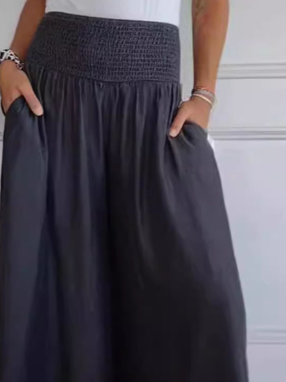 Full Size Smocked Wide Leg Pants with Pockets-BOTTOMS SIZES SMALL MEDIUM LARGE-[Adult]-[Female]-2022 Online Blue Zone Planet